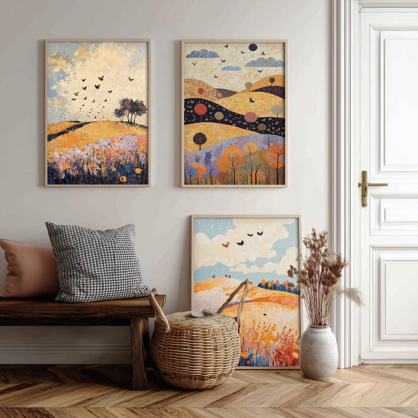 Rolling Hills Butterfly Set of Three Art Prints - Ginger Navy and Lilac - Folk Meadow Poster Illustration Gift