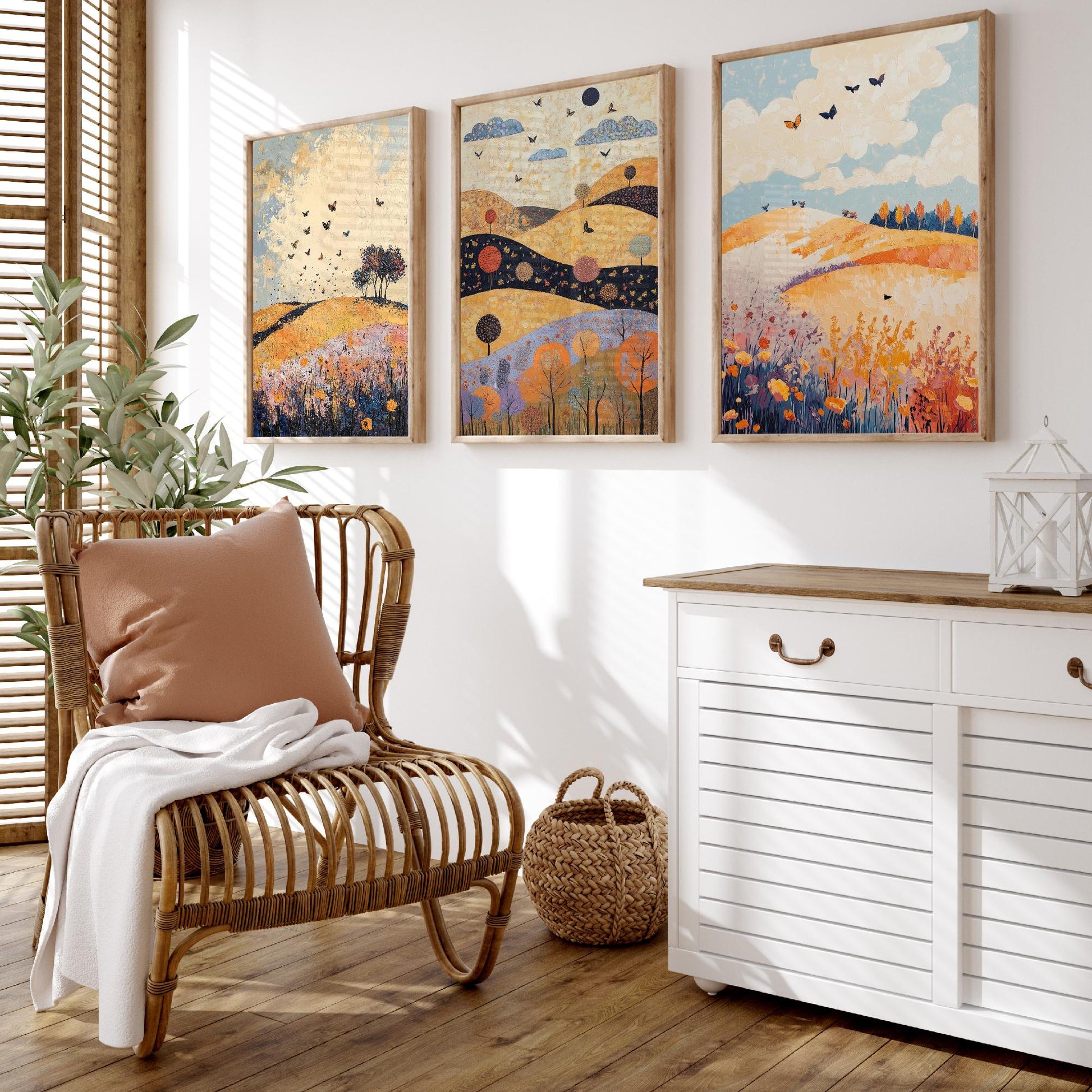 Rolling Hills Butterfly Set of Three Art Prints - Ginger Navy and Lilac - Folk Meadow Poster Illustration Gift