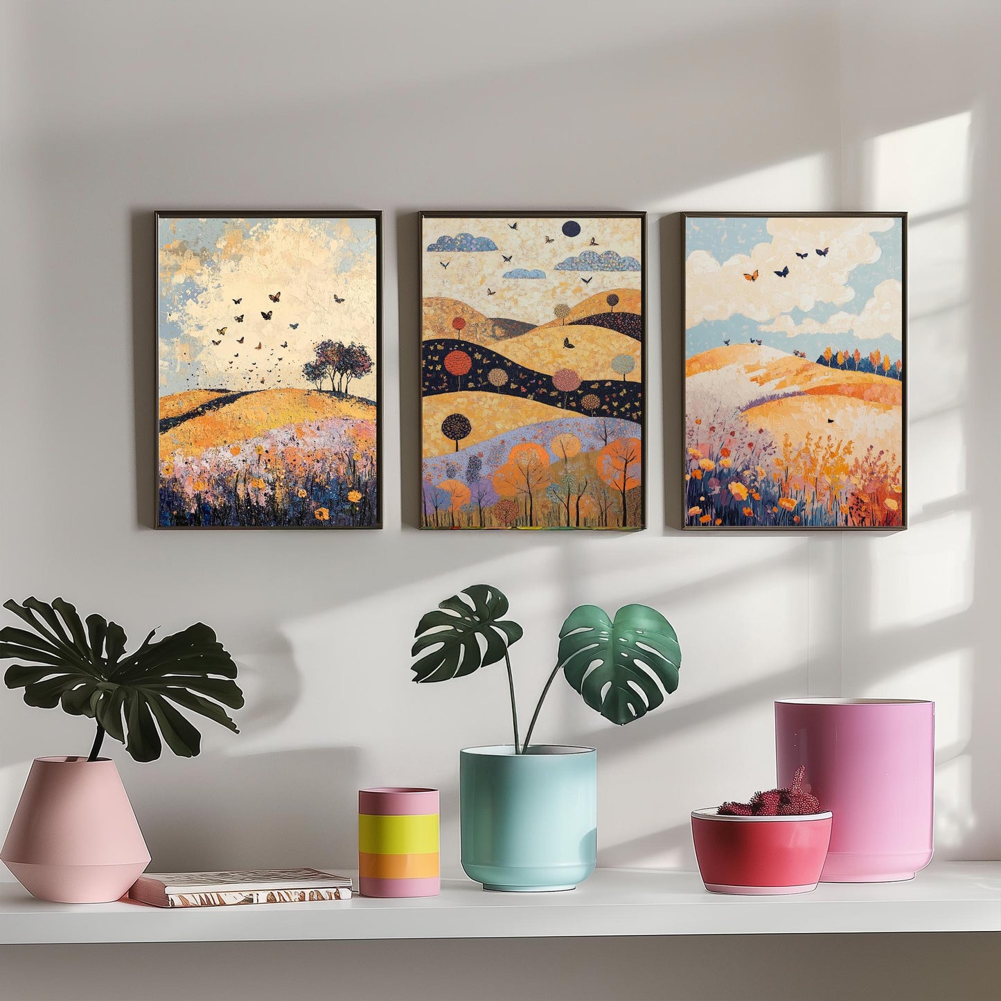 Rolling Hills Butterfly Set of Three Art Prints - Ginger Navy and Lilac - Folk Meadow Poster Illustration Gift