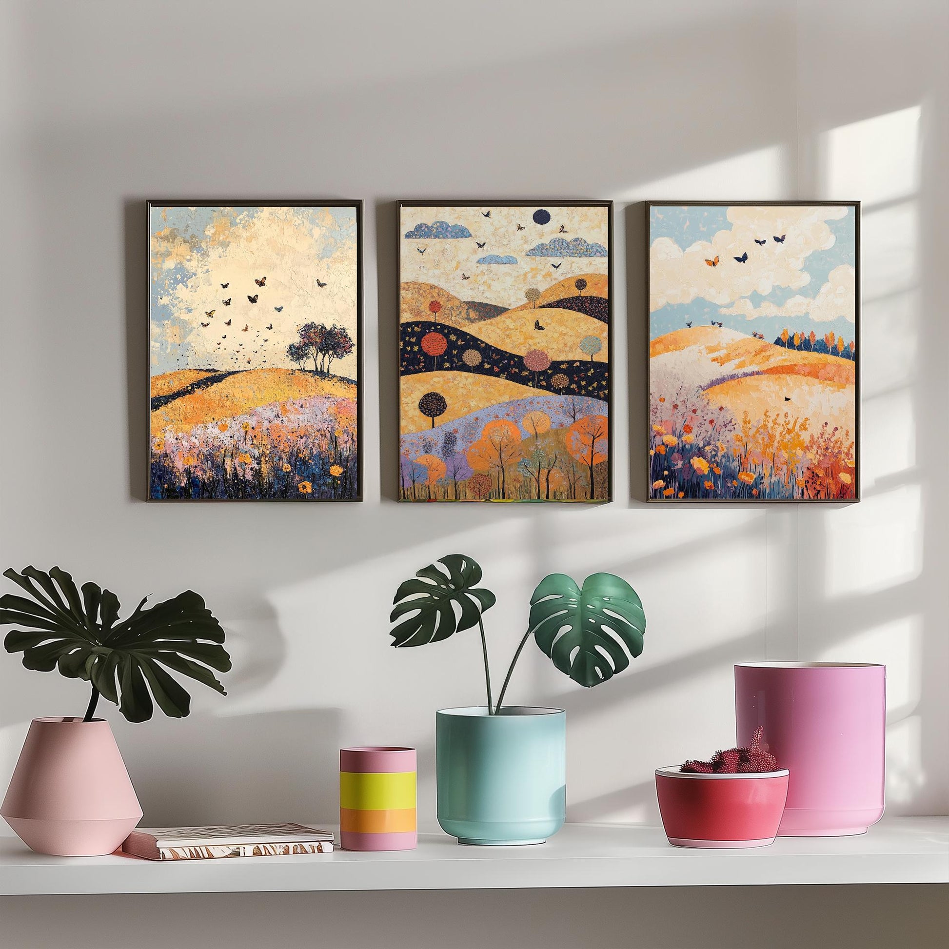 Rolling Hills Butterfly Set of Three Art Prints - Ginger Navy and Lilac - Folk Meadow Poster Illustration Gift