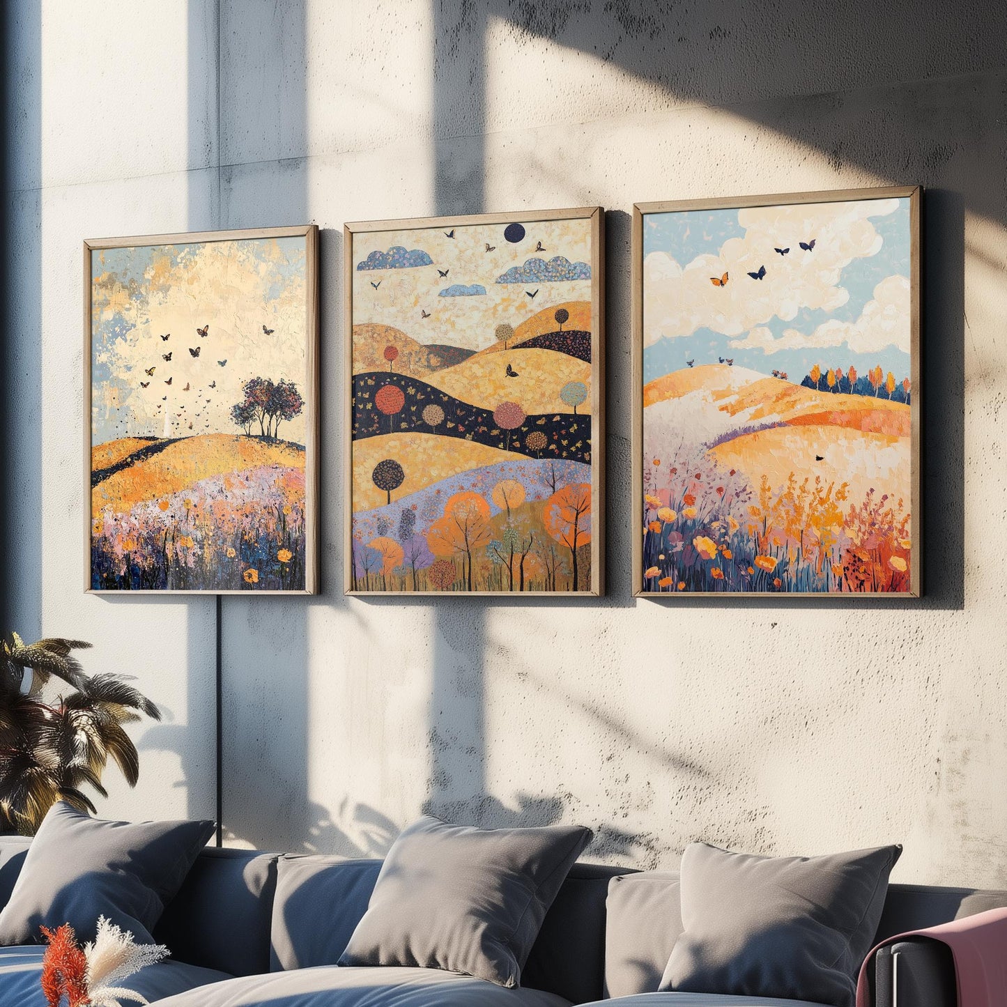 Rolling Hills Butterfly Set of Three Art Prints - Ginger Navy and Lilac - Folk Meadow Poster Illustration Gift