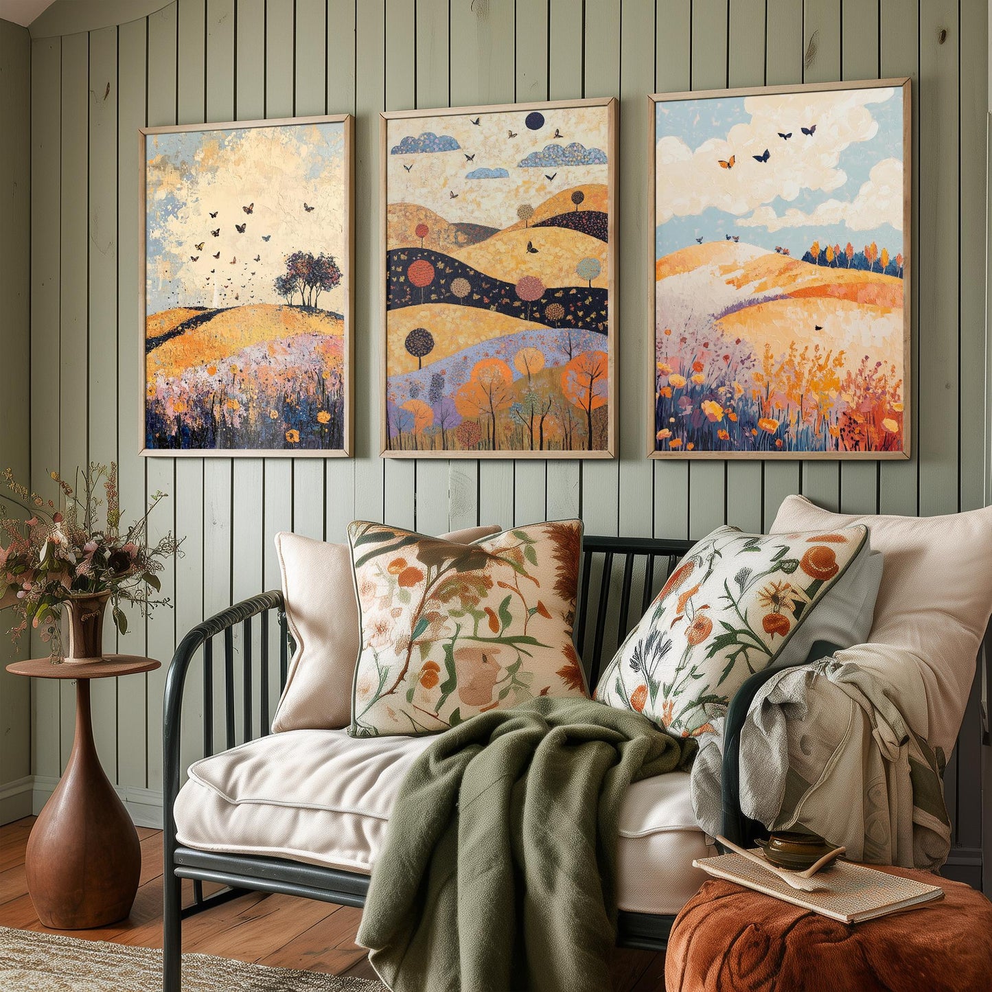 Rolling Hills Butterfly Set of Three Art Prints - Ginger Navy and Lilac - Folk Meadow Poster Illustration Gift