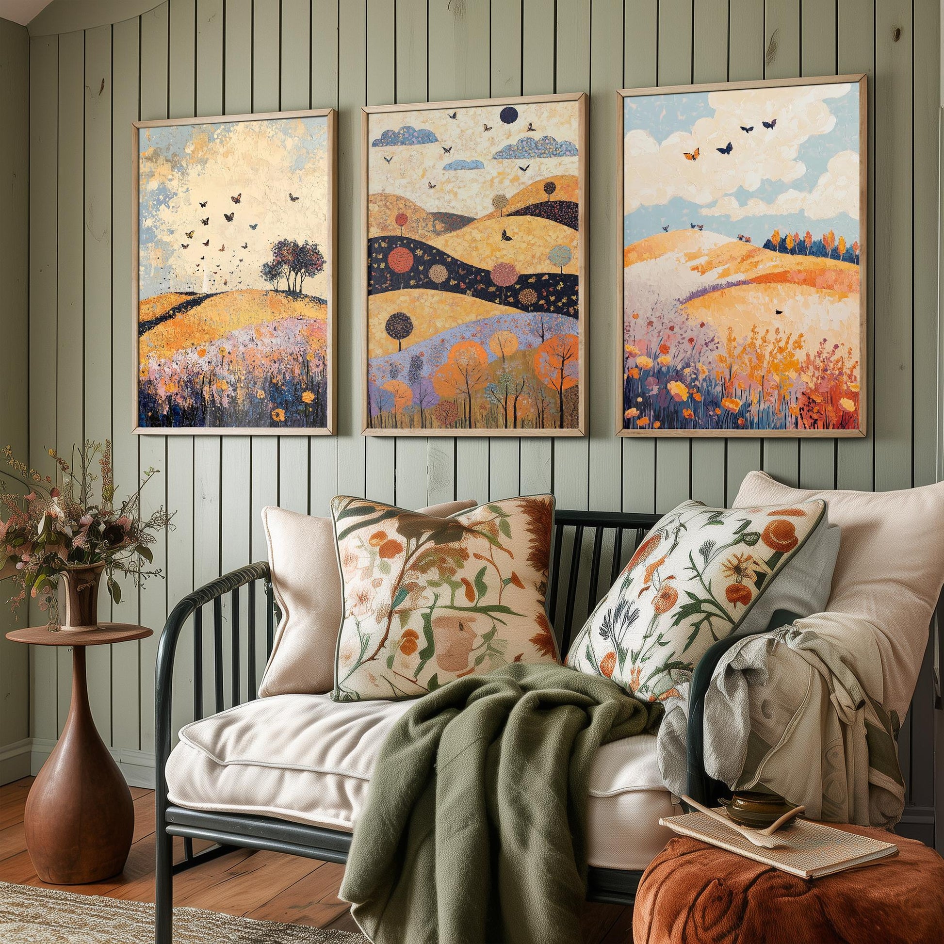 Rolling Hills Butterfly Set of Three Art Prints - Ginger Navy and Lilac - Folk Meadow Poster Illustration Gift