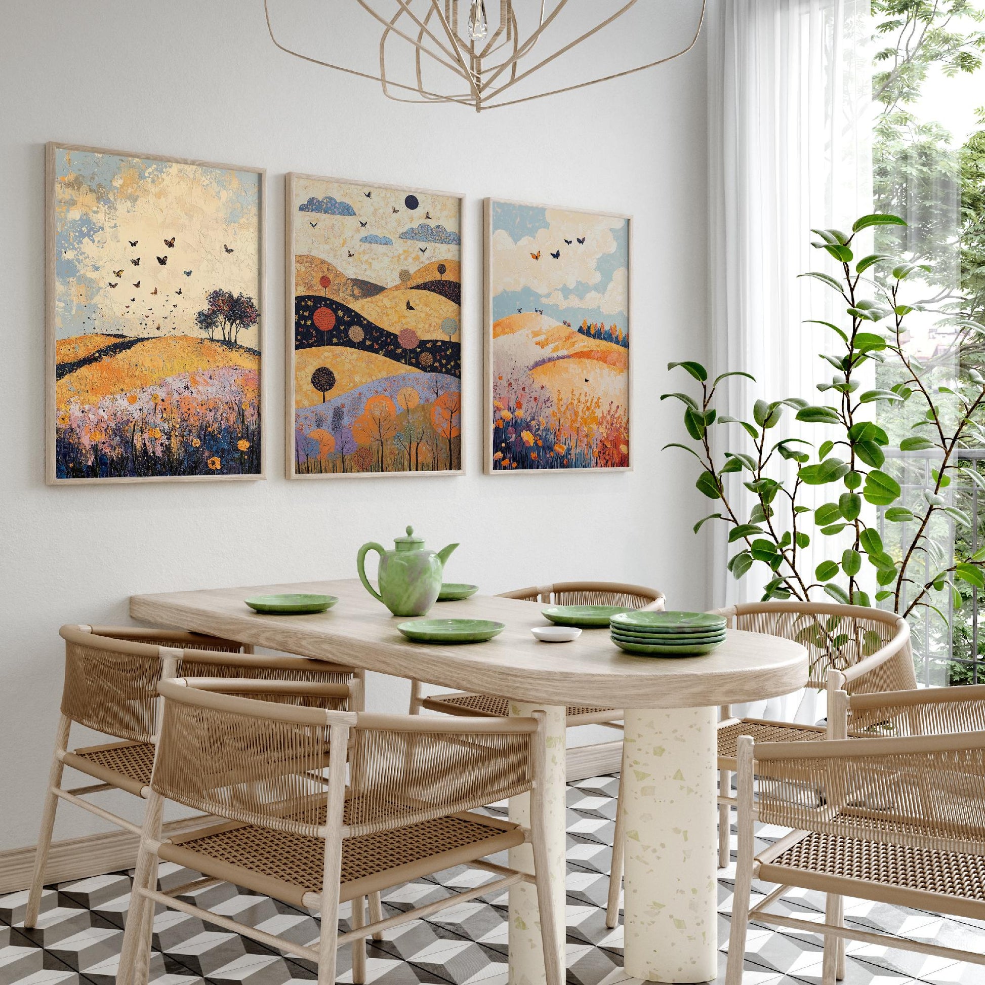 Rolling Hills Butterfly Set of Three Art Prints - Ginger Navy and Lilac - Folk Meadow Poster Illustration Gift