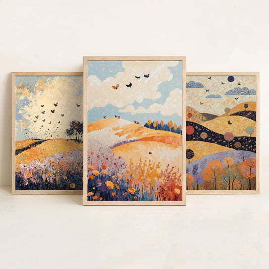 Rolling Hills Butterfly Set of Three Art Prints - Ginger Navy and Lilac - Folk Meadow Poster Illustration Gift