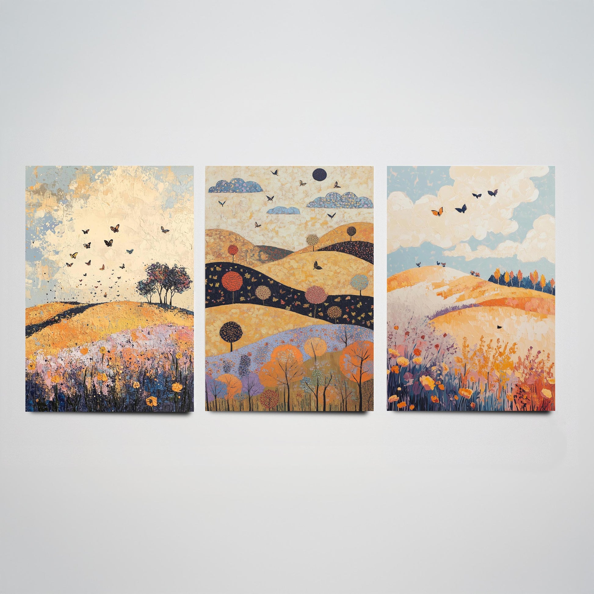 Rolling Hills Butterfly Set of Three Art Prints - Ginger Navy and Lilac - Folk Meadow Poster Illustration Gift