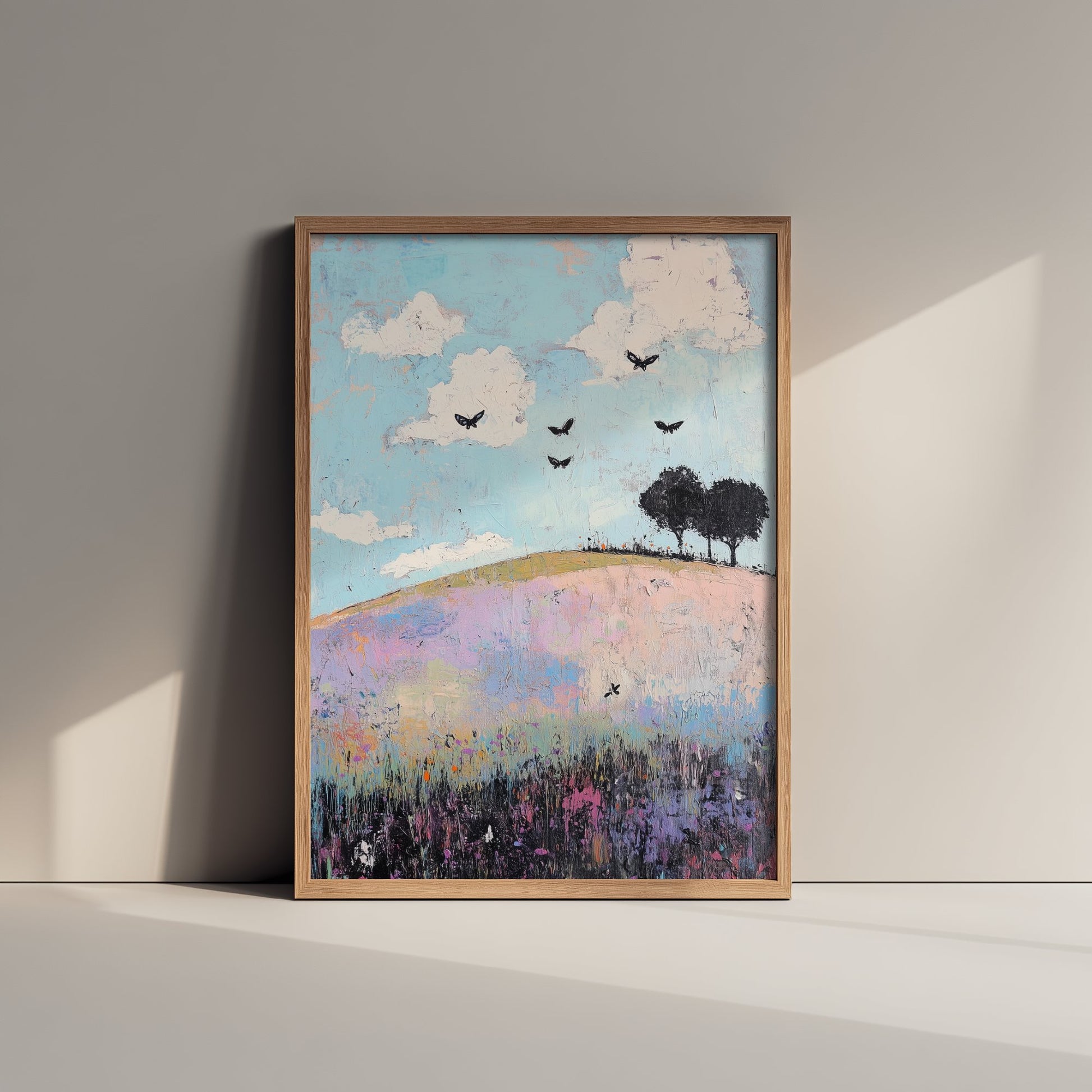 Rolling Hills Landscape Art Print - Butterfly Meadow Poster - Folk Art Painting - Heliotrope Coal and Mint 1/3