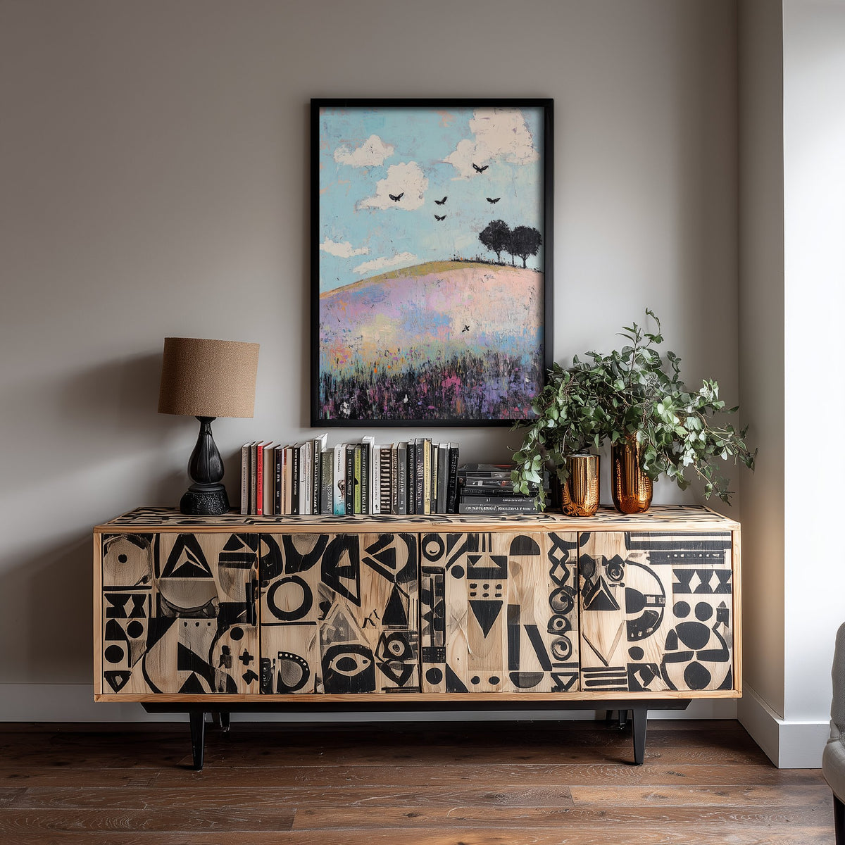 Rolling Hills Landscape Art Print - Butterfly Meadow Poster - Folk Art Painting - Heliotrope Coal and Mint 1/3