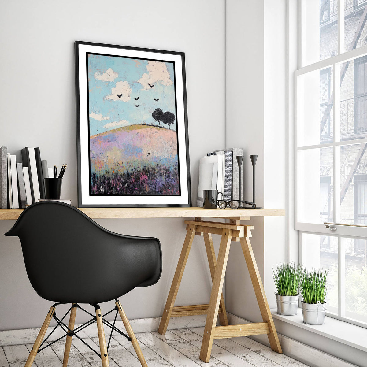 Rolling Hills Landscape Art Print - Butterfly Meadow Poster - Folk Art Painting - Heliotrope Coal and Mint 1/3