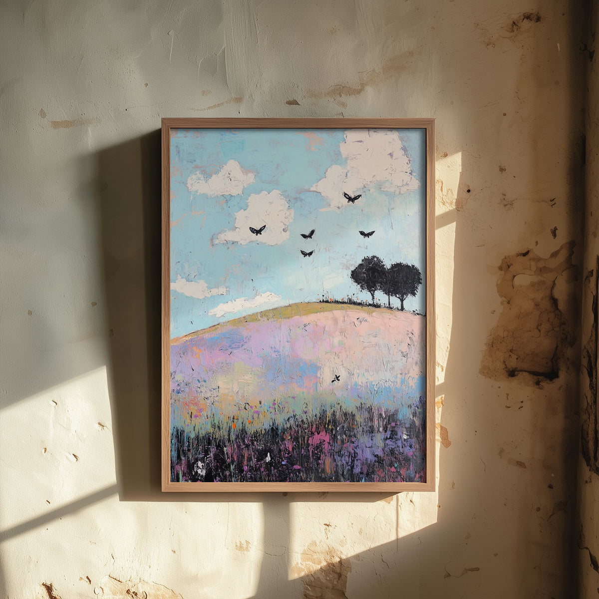 Rolling Hills Landscape Art Print - Butterfly Meadow Poster - Folk Art Painting - Heliotrope Coal and Mint 1/3