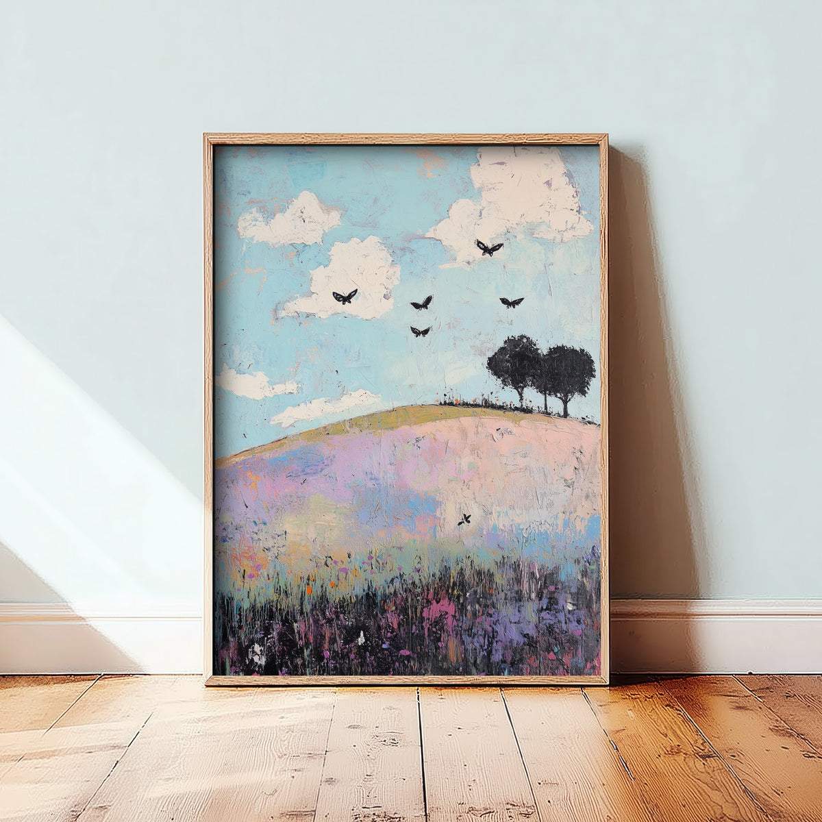 Rolling Hills Landscape Art Print - Butterfly Meadow Poster - Folk Art Painting - Heliotrope Coal and Mint 1/3