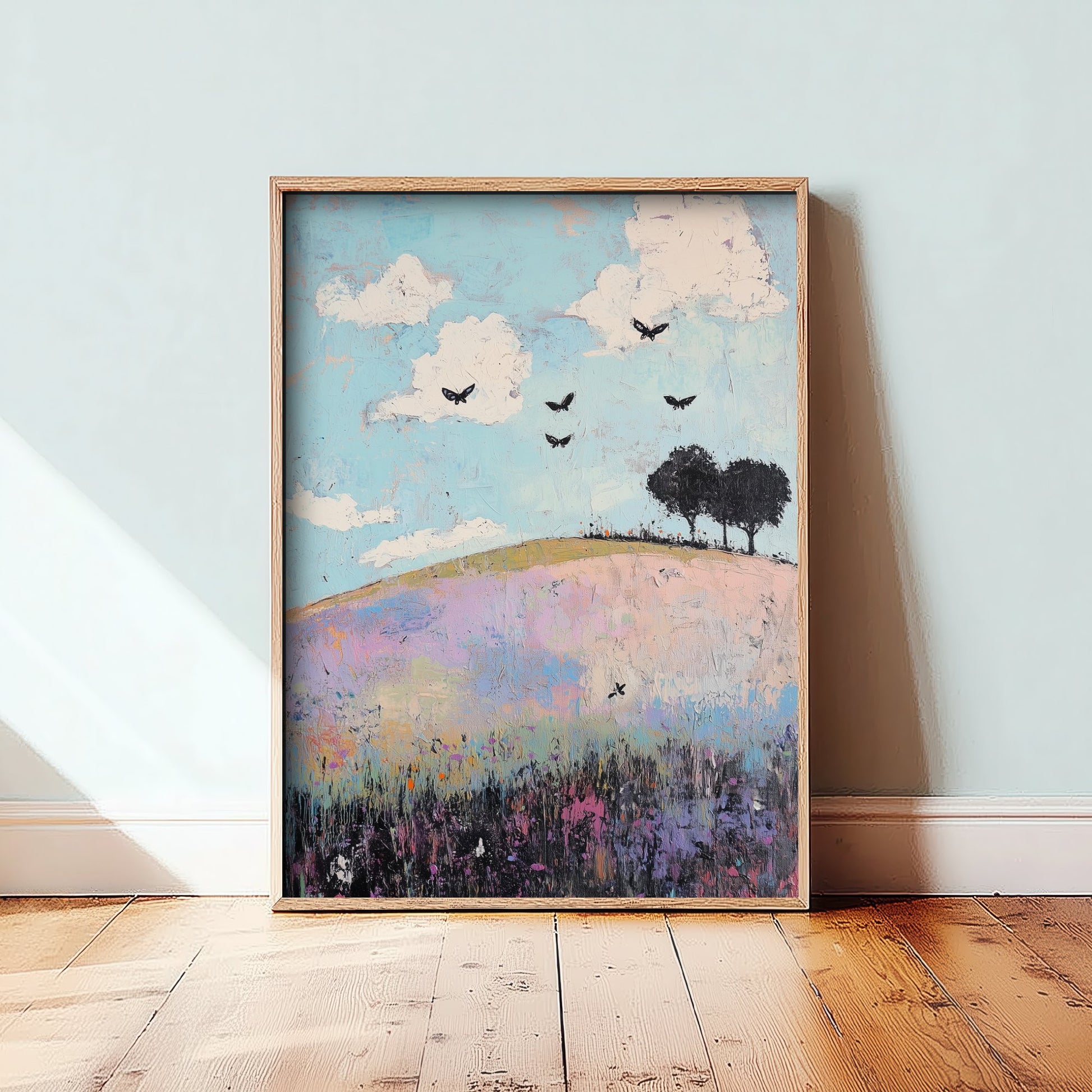 Rolling Hills Landscape Art Print - Butterfly Meadow Poster - Folk Art Painting - Heliotrope Coal and Mint 1/3