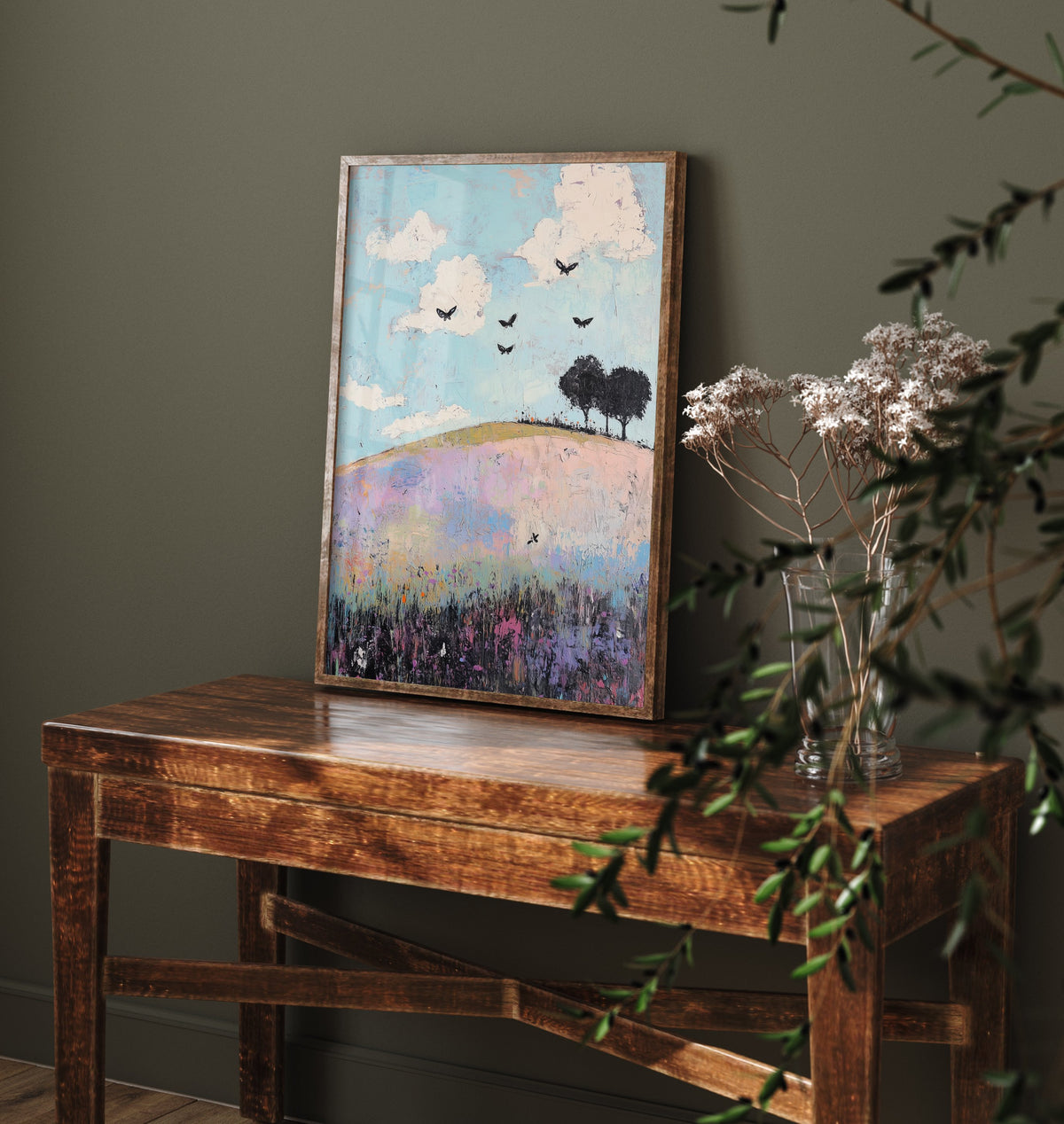 Rolling Hills Landscape Art Print - Butterfly Meadow Poster - Folk Art Painting - Heliotrope Coal and Mint 1/3