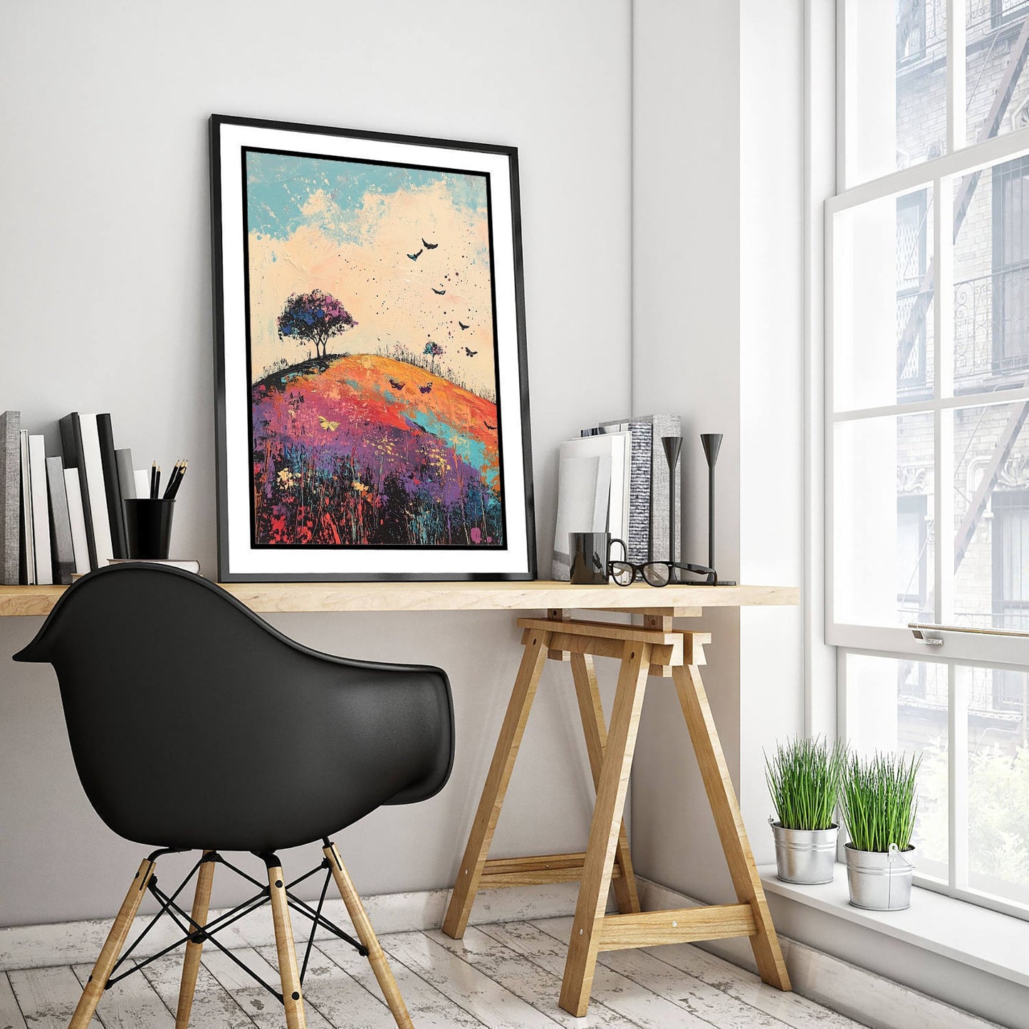 Rolling Hills Landscape Art Print - Butterfly Meadow Poster - Folk Art Painting - Heliotrope Coal and Mint 2/3