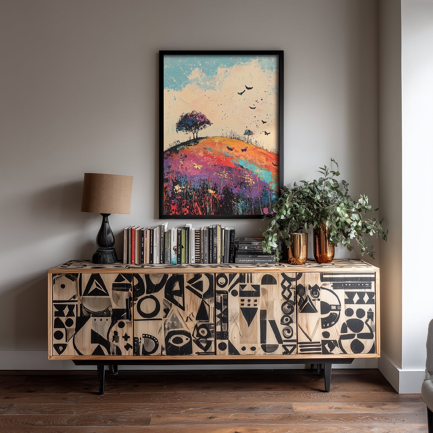 Rolling Hills Landscape Art Print - Butterfly Meadow Poster - Folk Art Painting - Heliotrope Coal and Mint 2/3