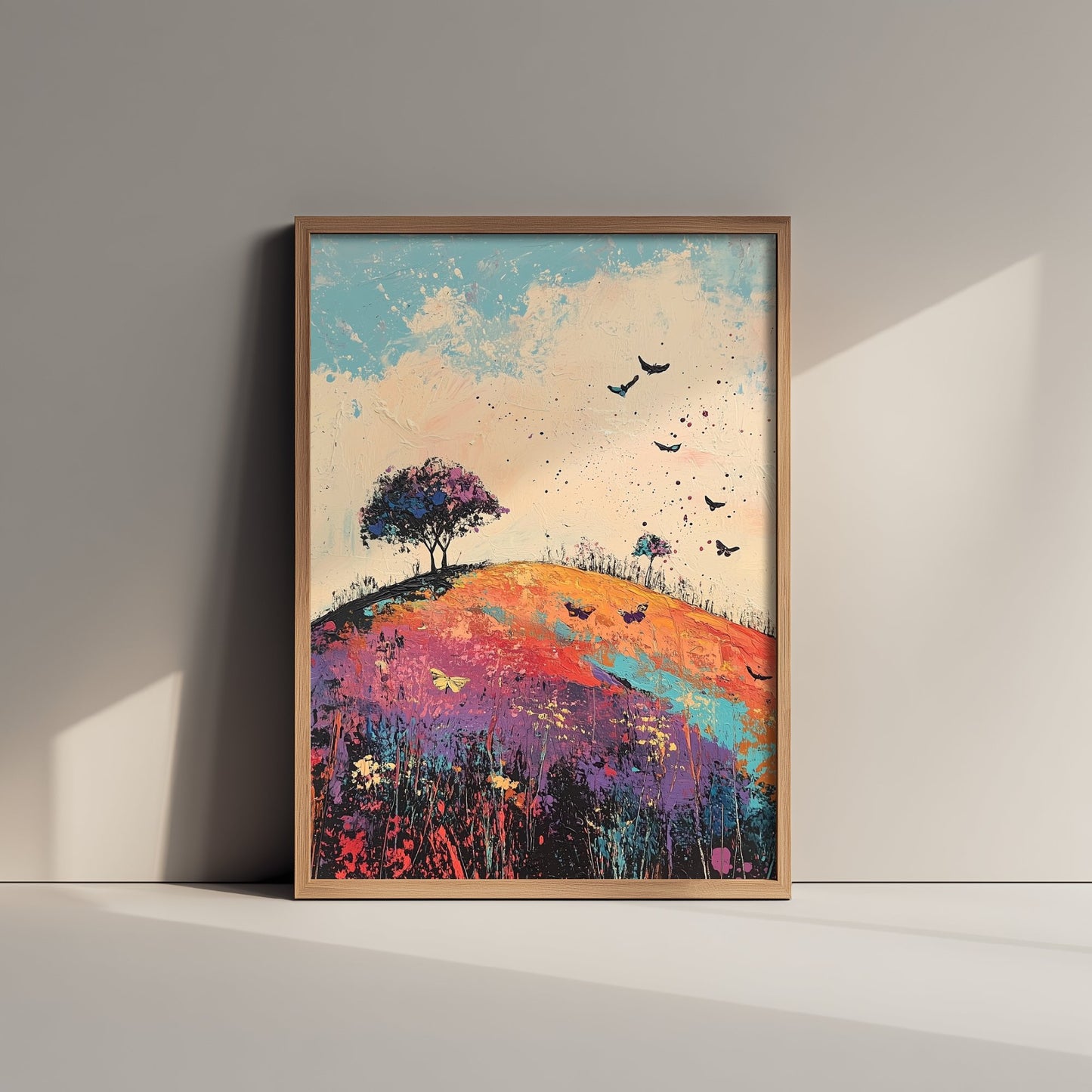 Rolling Hills Landscape Art Print - Butterfly Meadow Poster - Folk Art Painting - Heliotrope Coal and Mint 2/3