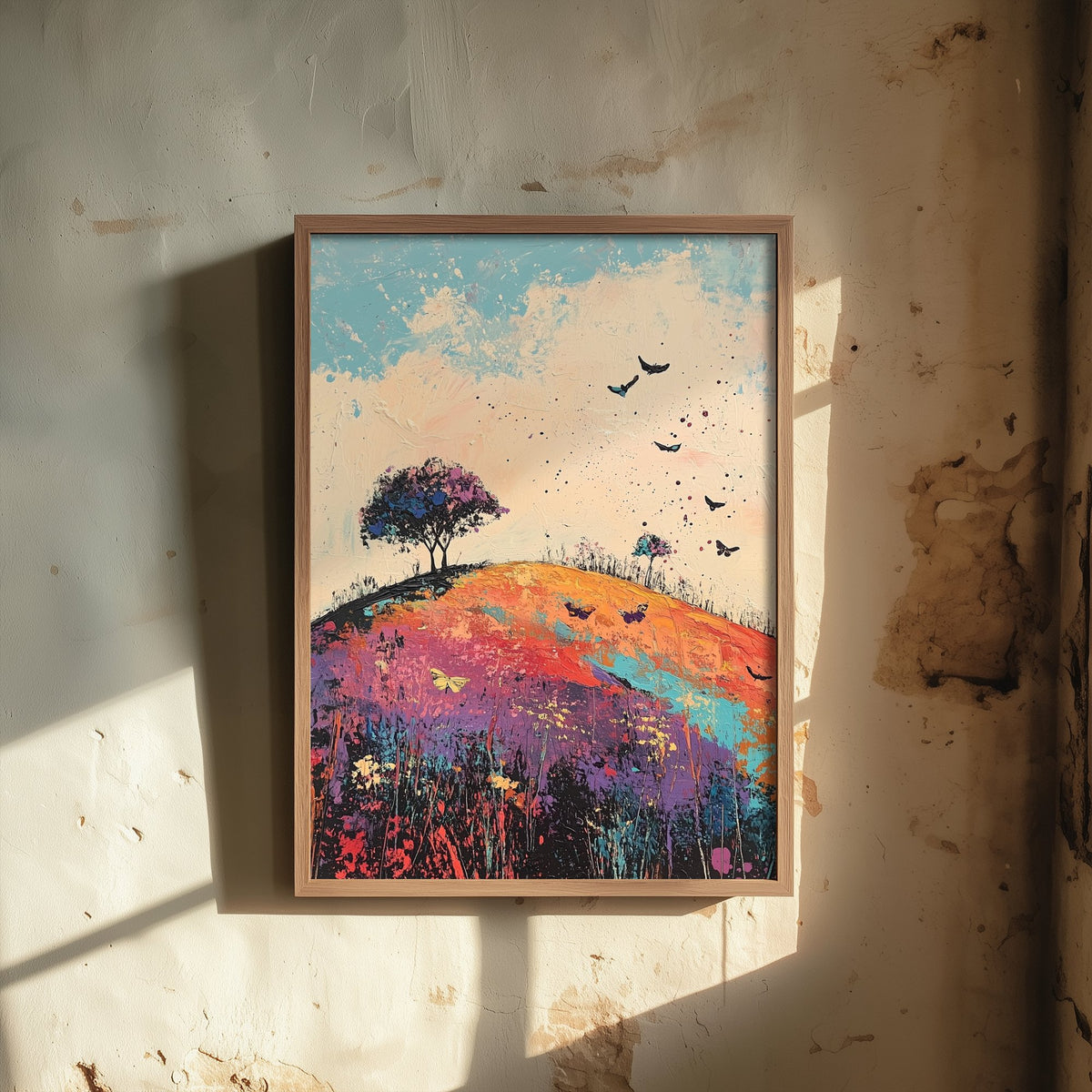 Rolling Hills Landscape Art Print - Butterfly Meadow Poster - Folk Art Painting - Heliotrope Coal and Mint 2/3