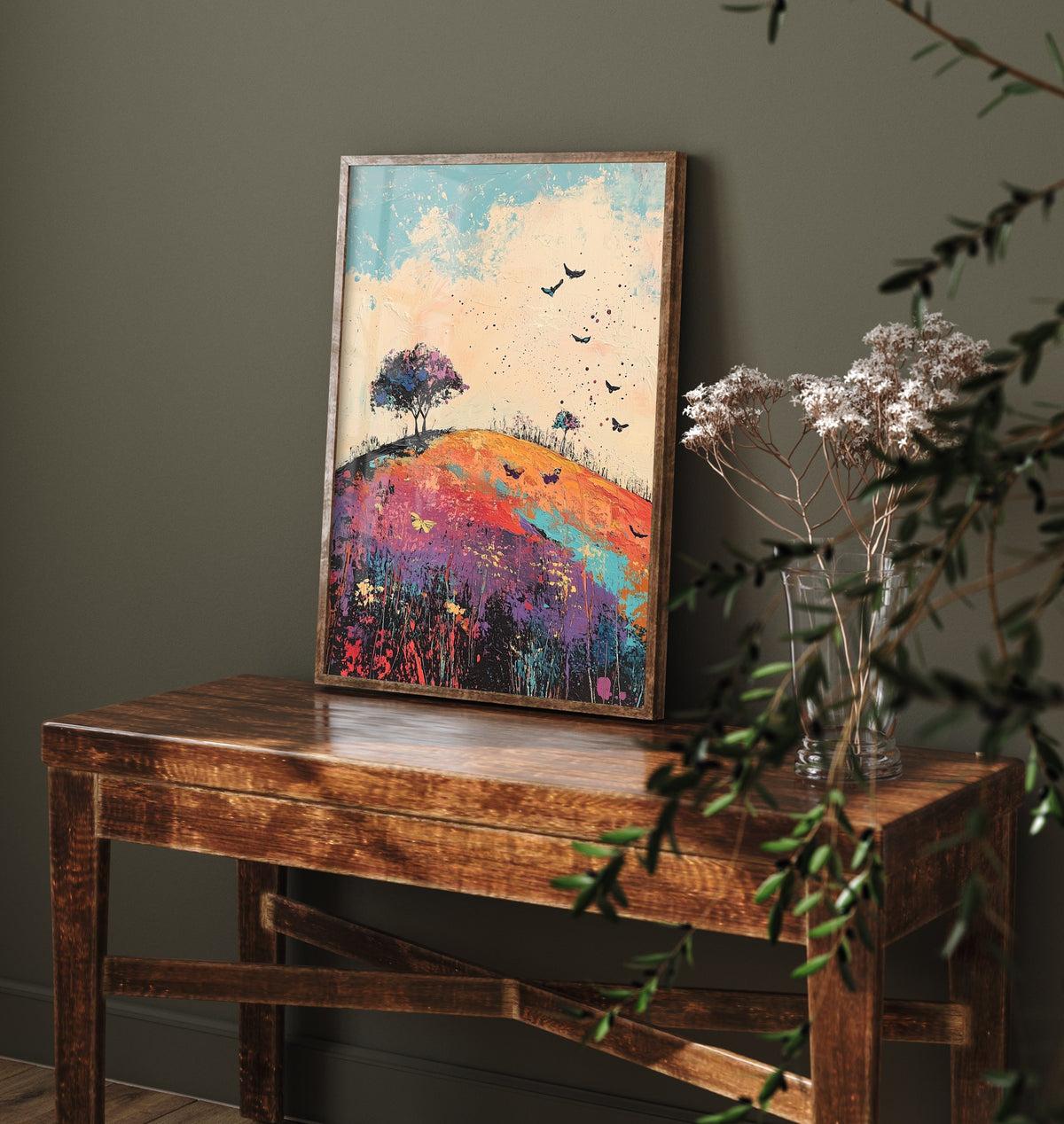 Rolling Hills Landscape Art Print - Butterfly Meadow Poster - Folk Art Painting - Heliotrope Coal and Mint 2/3