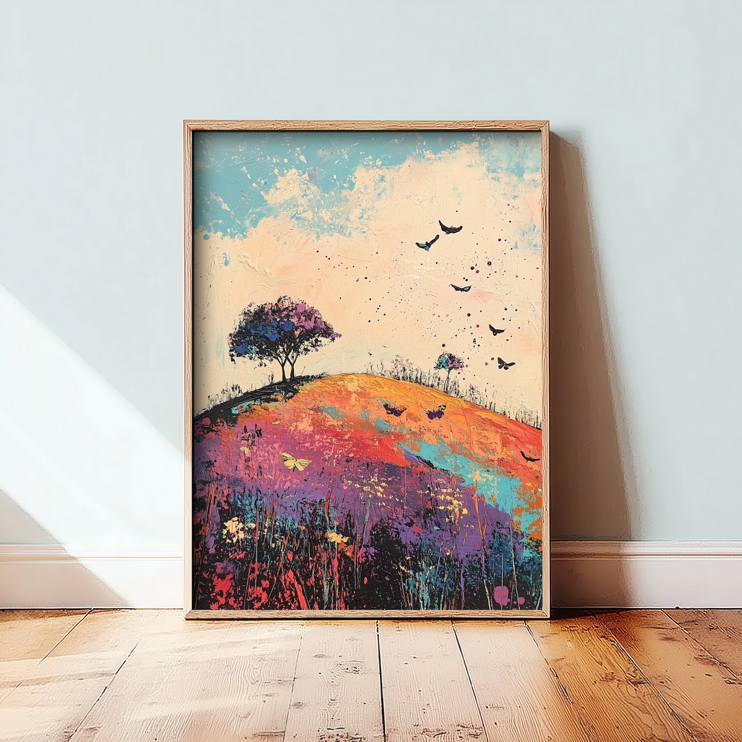 Rolling Hills Landscape Art Print - Butterfly Meadow Poster - Folk Art Painting - Heliotrope Coal and Mint 2/3