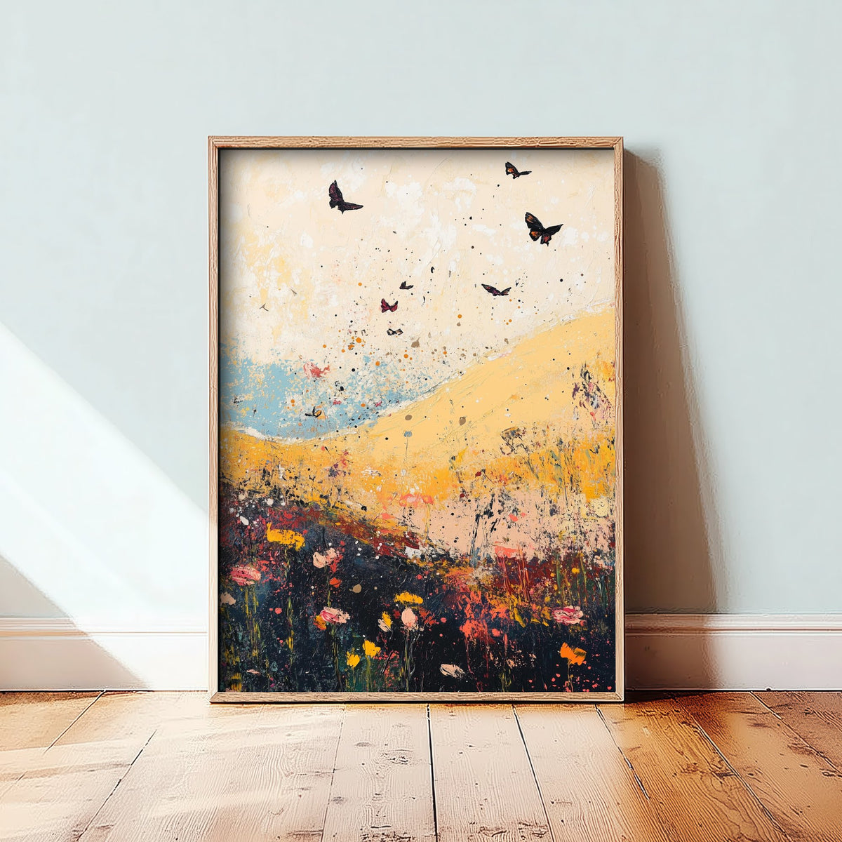 Rolling Hills Landscape Art Print - Butterfly Meadow Poster - Folk Art Painting - Heliotrope Coal and Mint 3/3