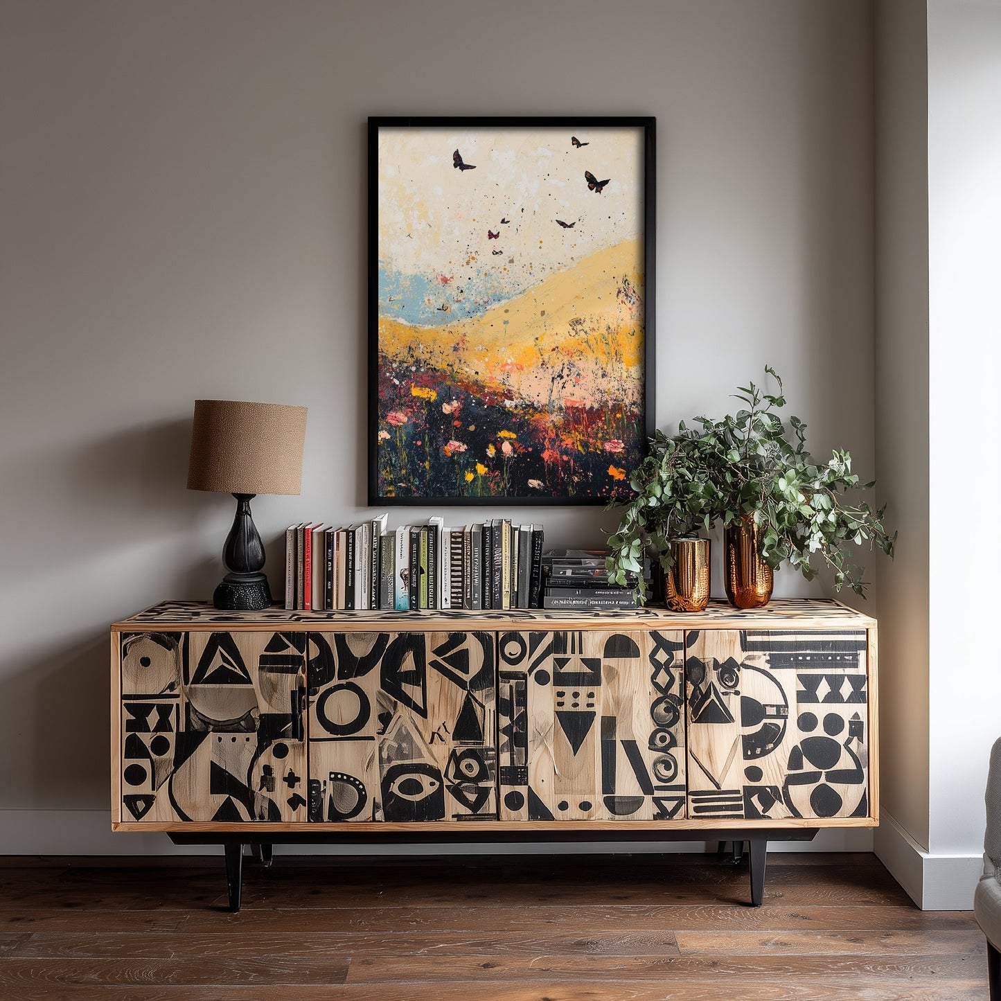 Rolling Hills Landscape Art Print - Butterfly Meadow Poster - Folk Art Painting - Heliotrope Coal and Mint 3/3