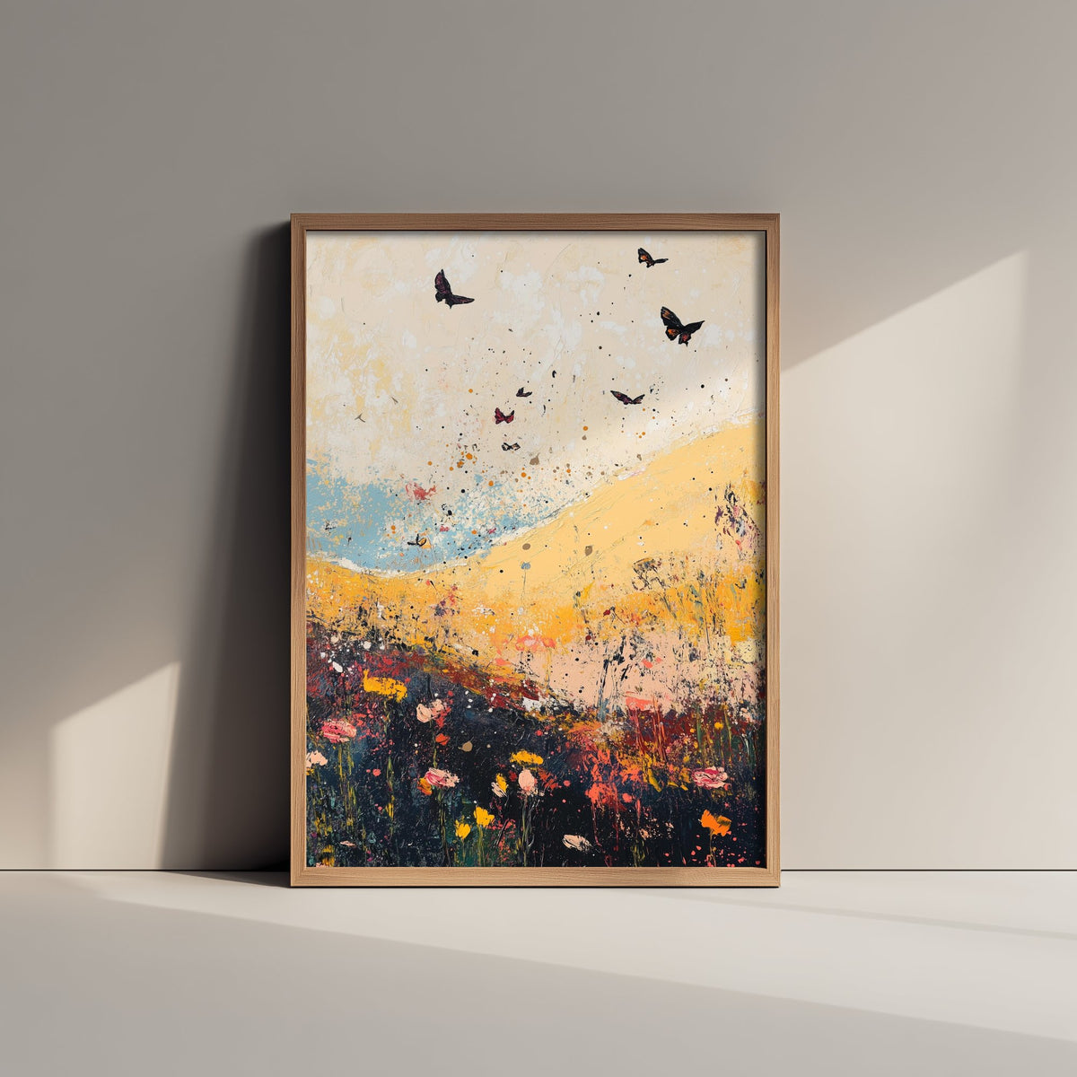 Rolling Hills Landscape Art Print - Butterfly Meadow Poster - Folk Art Painting - Heliotrope Coal and Mint 3/3