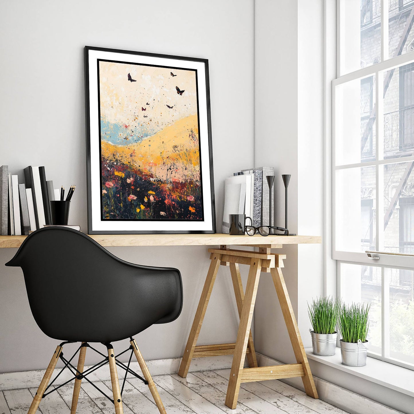 Rolling Hills Landscape Art Print - Butterfly Meadow Poster - Folk Art Painting - Heliotrope Coal and Mint 3/3