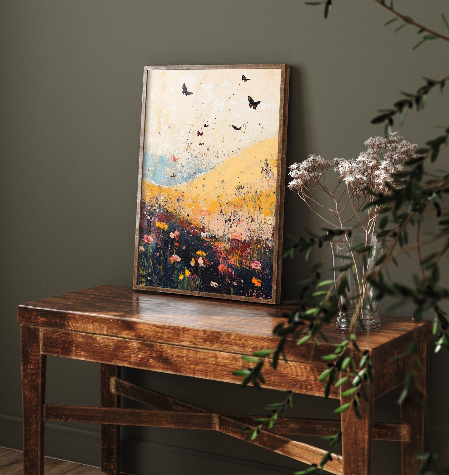 Rolling Hills Landscape Art Print - Butterfly Meadow Poster - Folk Art Painting - Heliotrope Coal and Mint 3/3