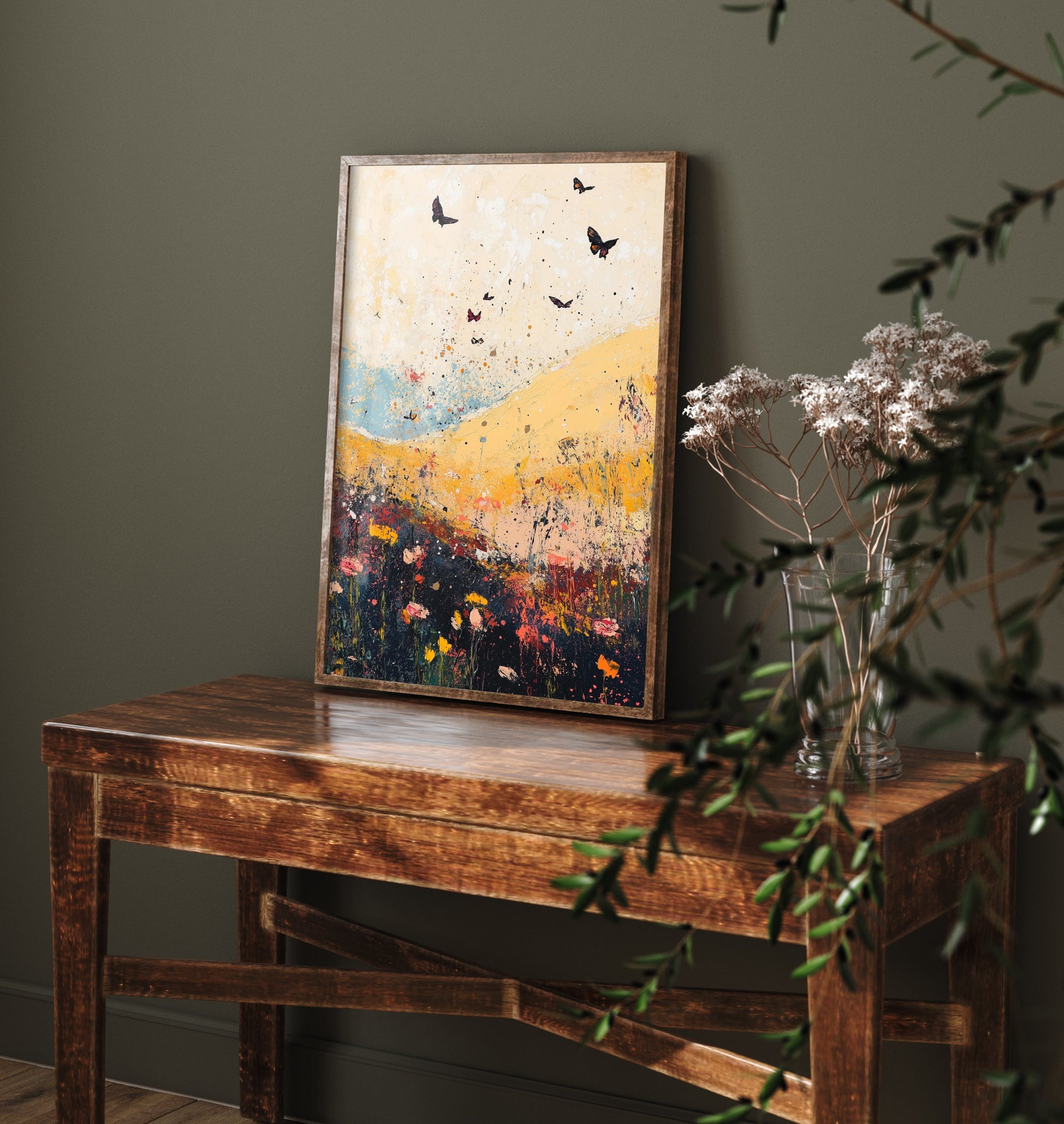 Rolling Hills Landscape Art Print - Butterfly Meadow Poster - Folk Art Painting - Heliotrope Coal and Mint 3/3