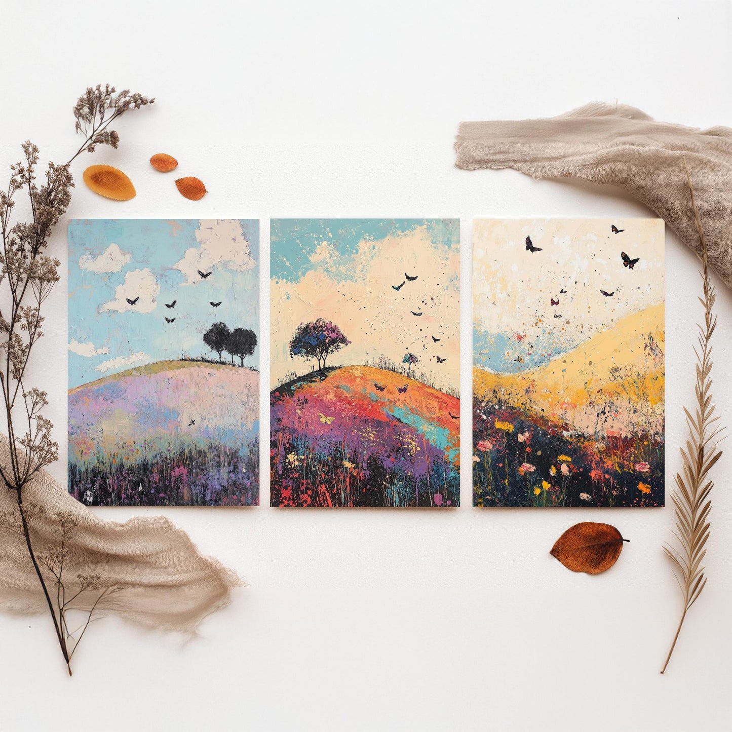 Rolling Hills Butterfly Set of Three Art Prints - Heliotrope Coal and Mint - Folk Meadow Poster Illustration Gift