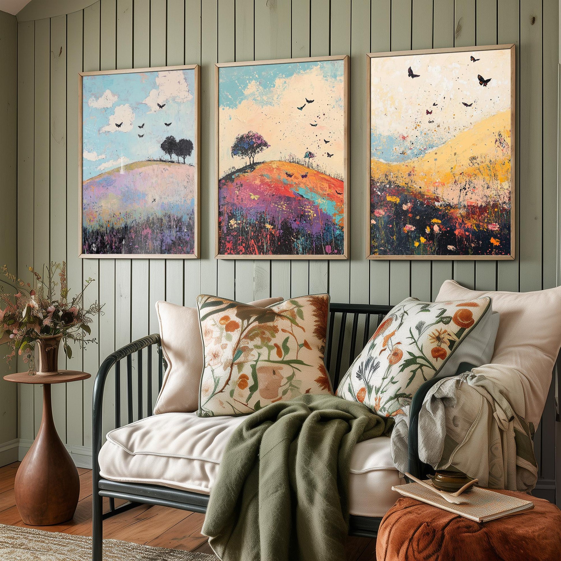 Rolling Hills Butterfly Set of Three Art Prints - Heliotrope Coal and Mint - Folk Meadow Poster Illustration Gift