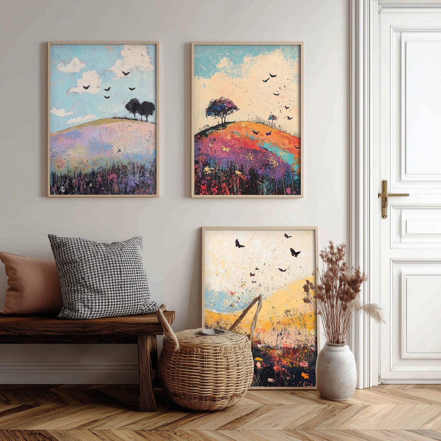 Rolling Hills Butterfly Set of Three Art Prints - Heliotrope Coal and Mint - Folk Meadow Poster Illustration Gift