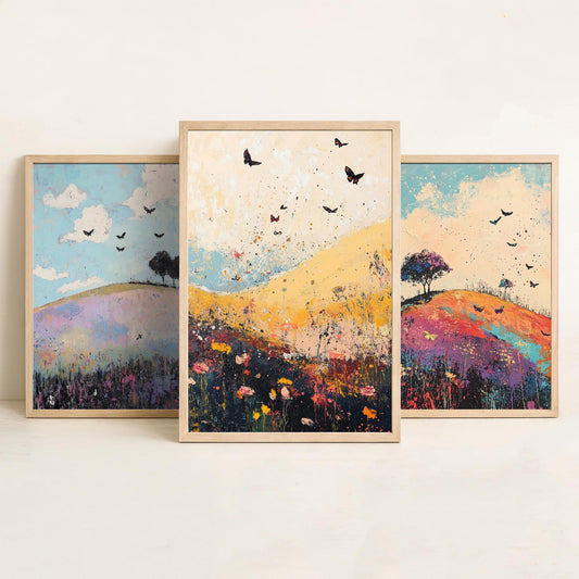 Rolling Hills Butterfly Set of Three Art Prints - Heliotrope Coal and Mint - Folk Meadow Poster Illustration Gift