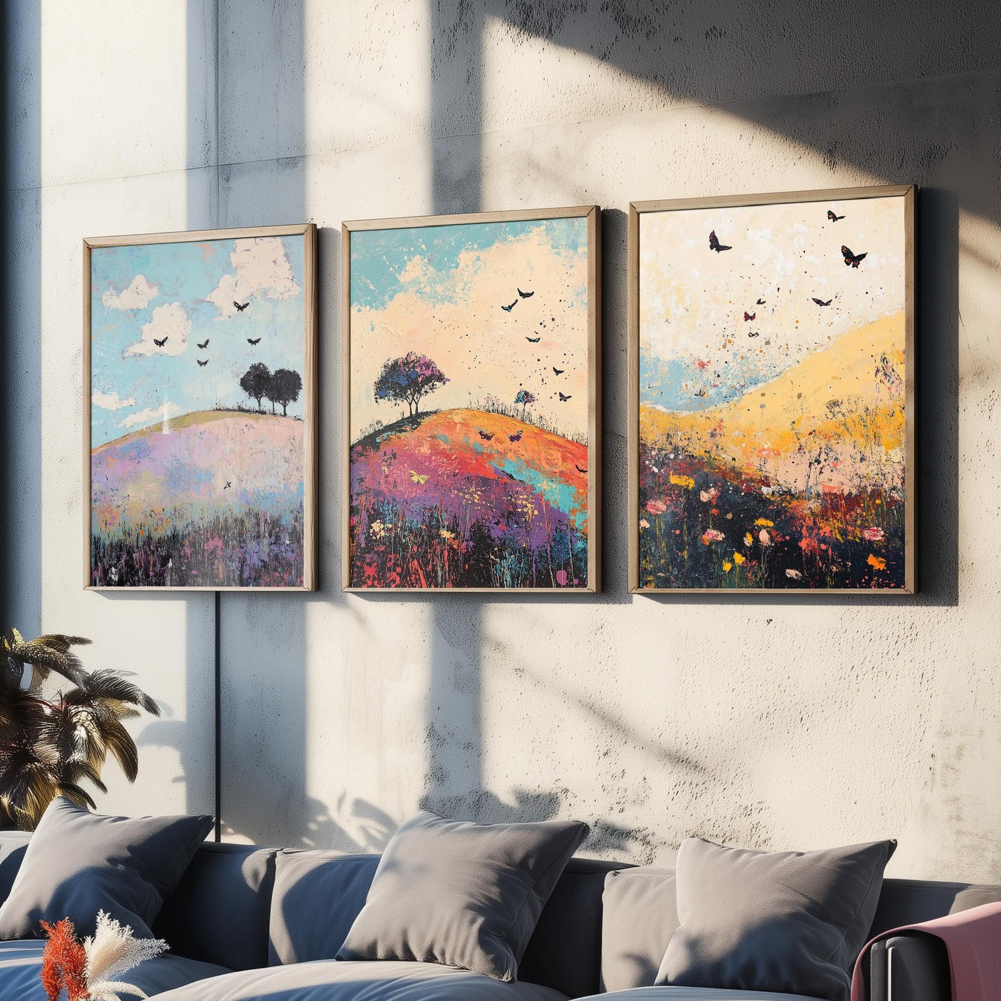 Rolling Hills Butterfly Set of Three Art Prints - Heliotrope Coal and Mint - Folk Meadow Poster Illustration Gift