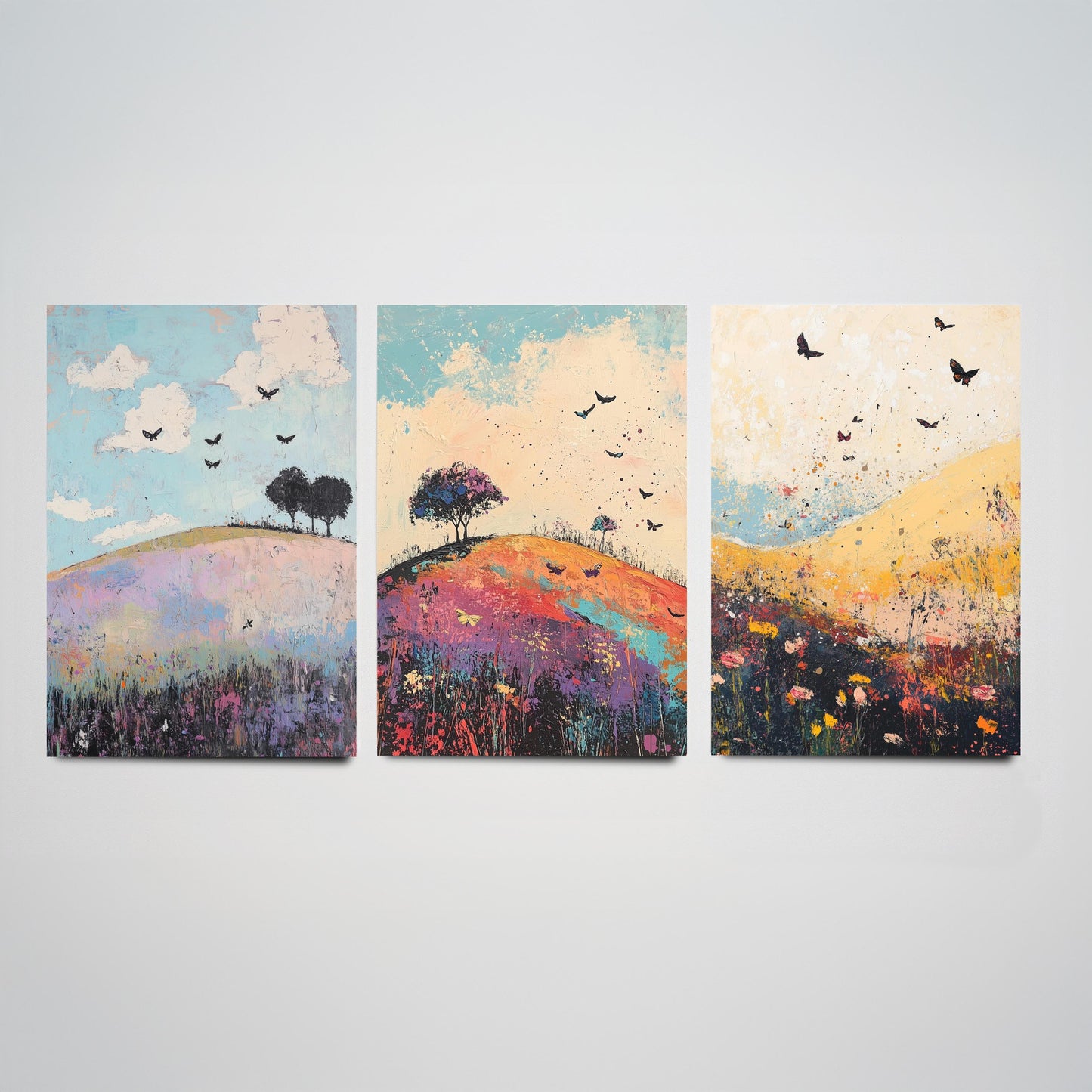 Rolling Hills Butterfly Set of Three Art Prints - Heliotrope Coal and Mint - Folk Meadow Poster Illustration Gift
