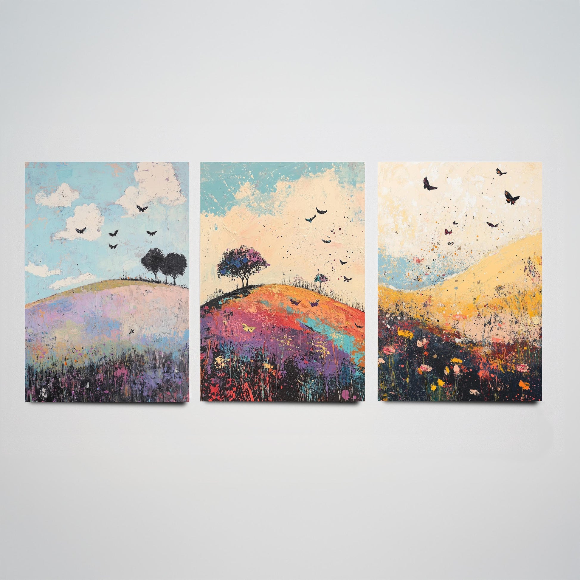 Rolling Hills Butterfly Set of Three Art Prints - Heliotrope Coal and Mint - Folk Meadow Poster Illustration Gift
