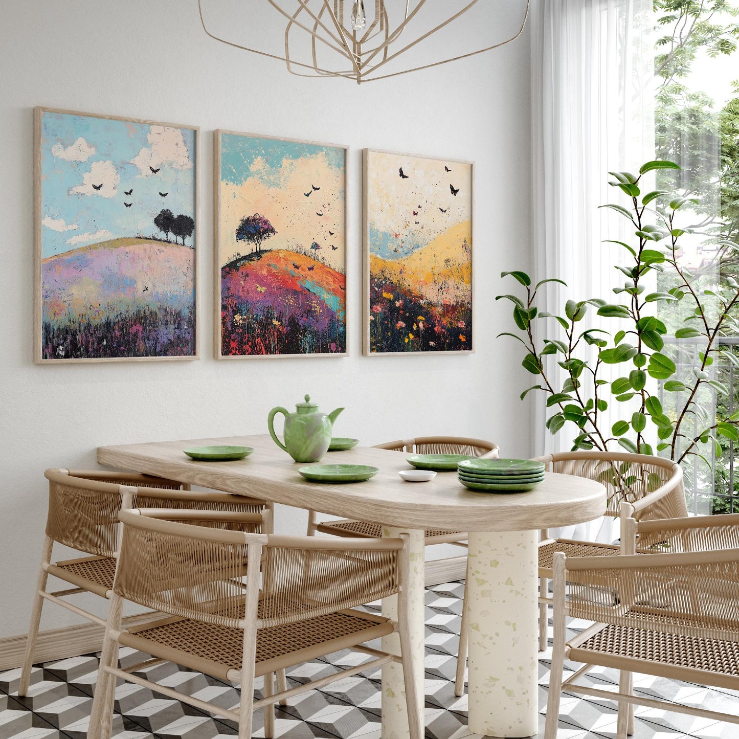 Rolling Hills Butterfly Set of Three Art Prints - Heliotrope Coal and Mint - Folk Meadow Poster Illustration Gift