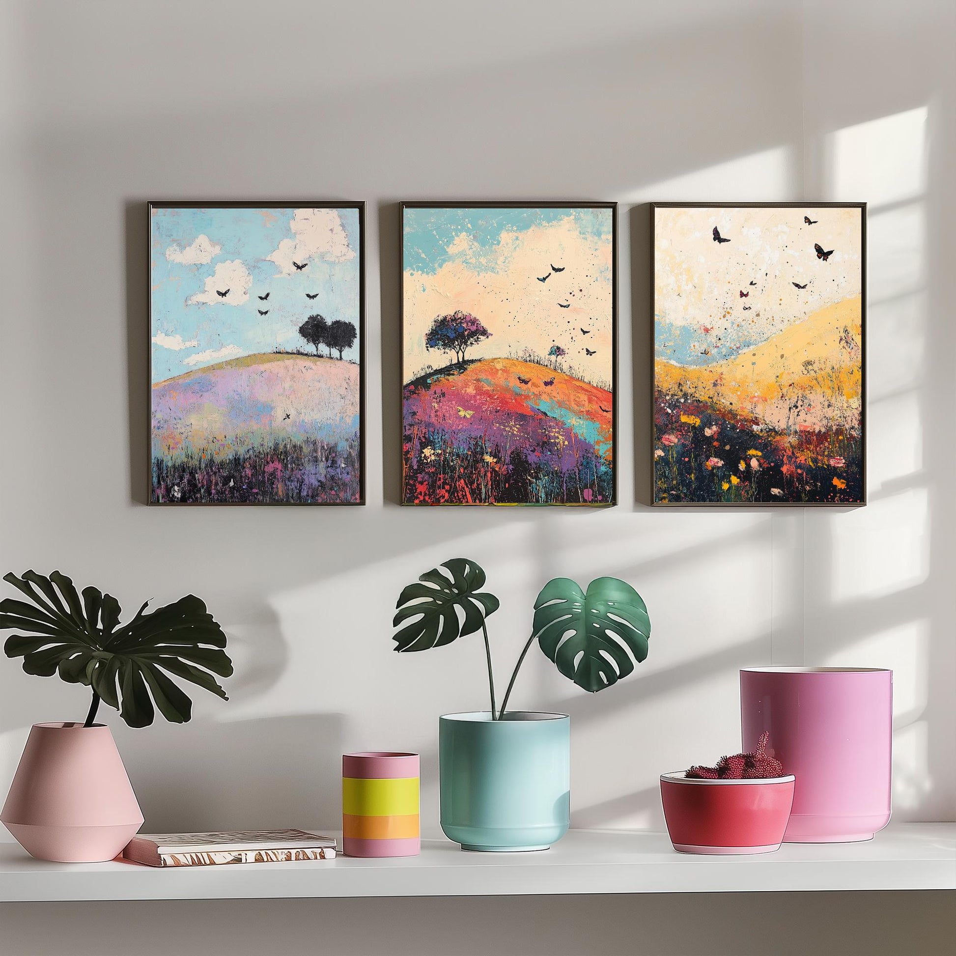Rolling Hills Butterfly Set of Three Art Prints - Heliotrope Coal and Mint - Folk Meadow Poster Illustration Gift