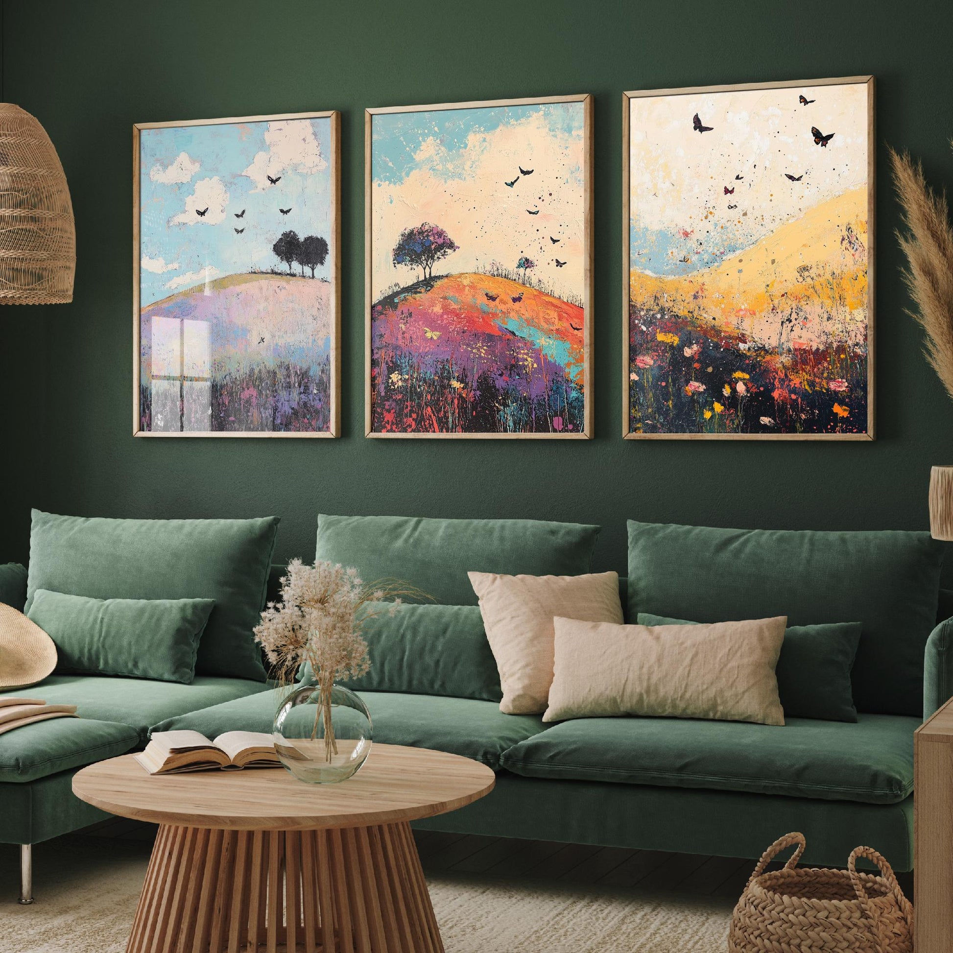 Rolling Hills Butterfly Set of Three Art Prints - Heliotrope Coal and Mint - Folk Meadow Poster Illustration Gift