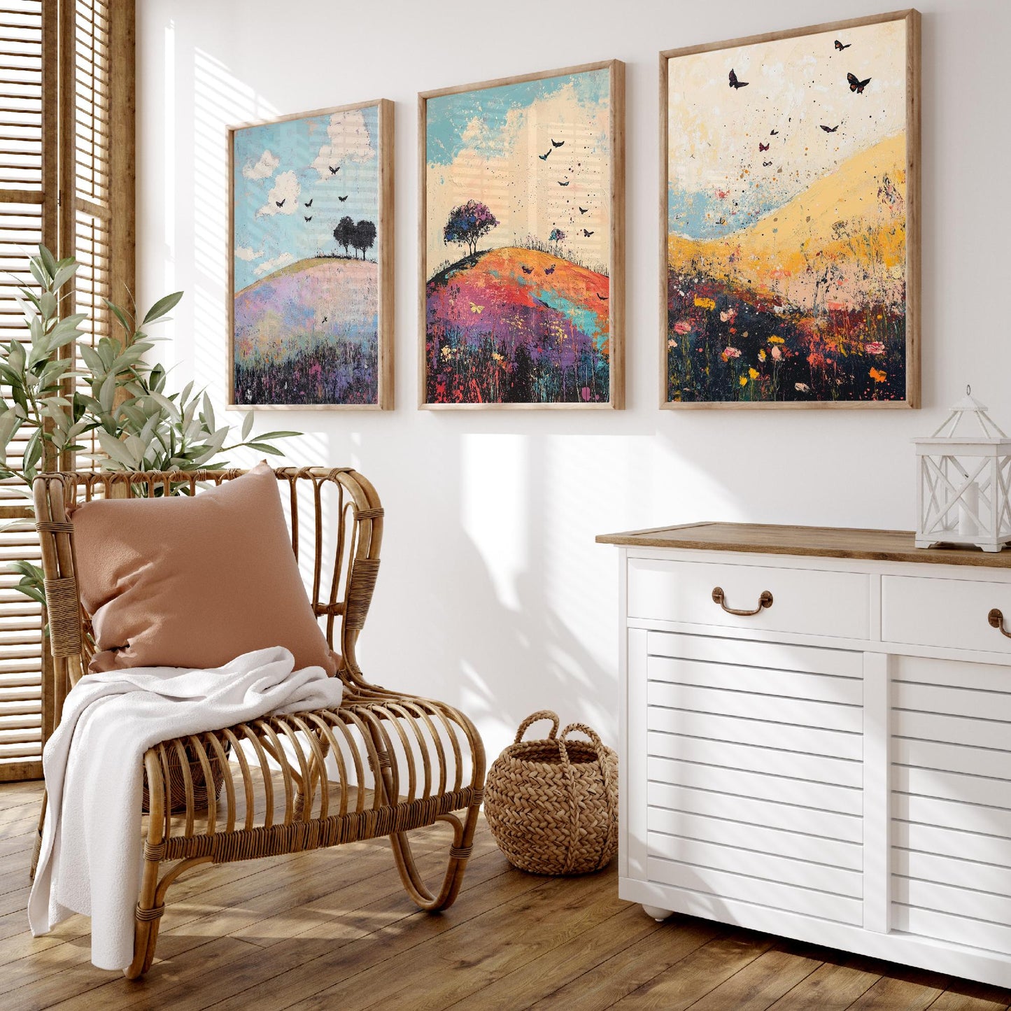 Rolling Hills Butterfly Set of Three Art Prints - Heliotrope Coal and Mint - Folk Meadow Poster Illustration Gift