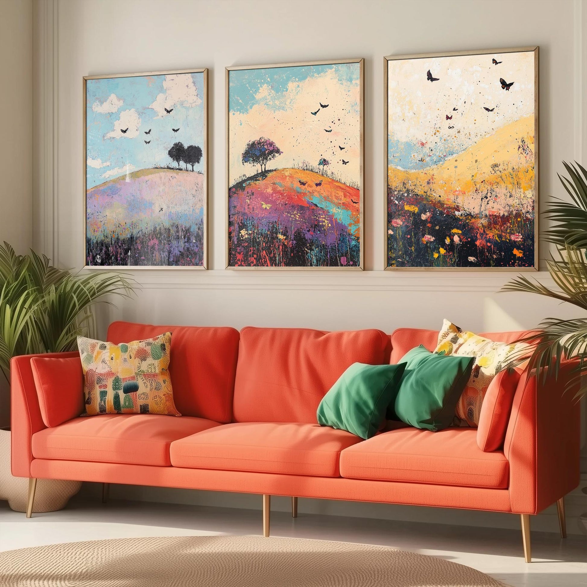 Rolling Hills Butterfly Set of Three Art Prints - Heliotrope Coal and Mint - Folk Meadow Poster Illustration Gift