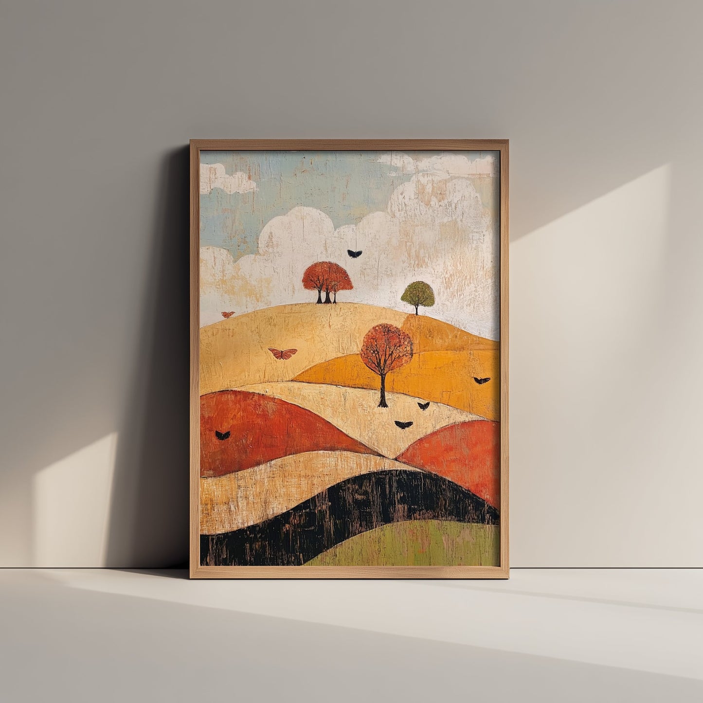 Rolling Hills Landscape Art Print - Butterfly Meadow Poster - Folk Art Painting - Honeydew Garnet and Flint 1/3