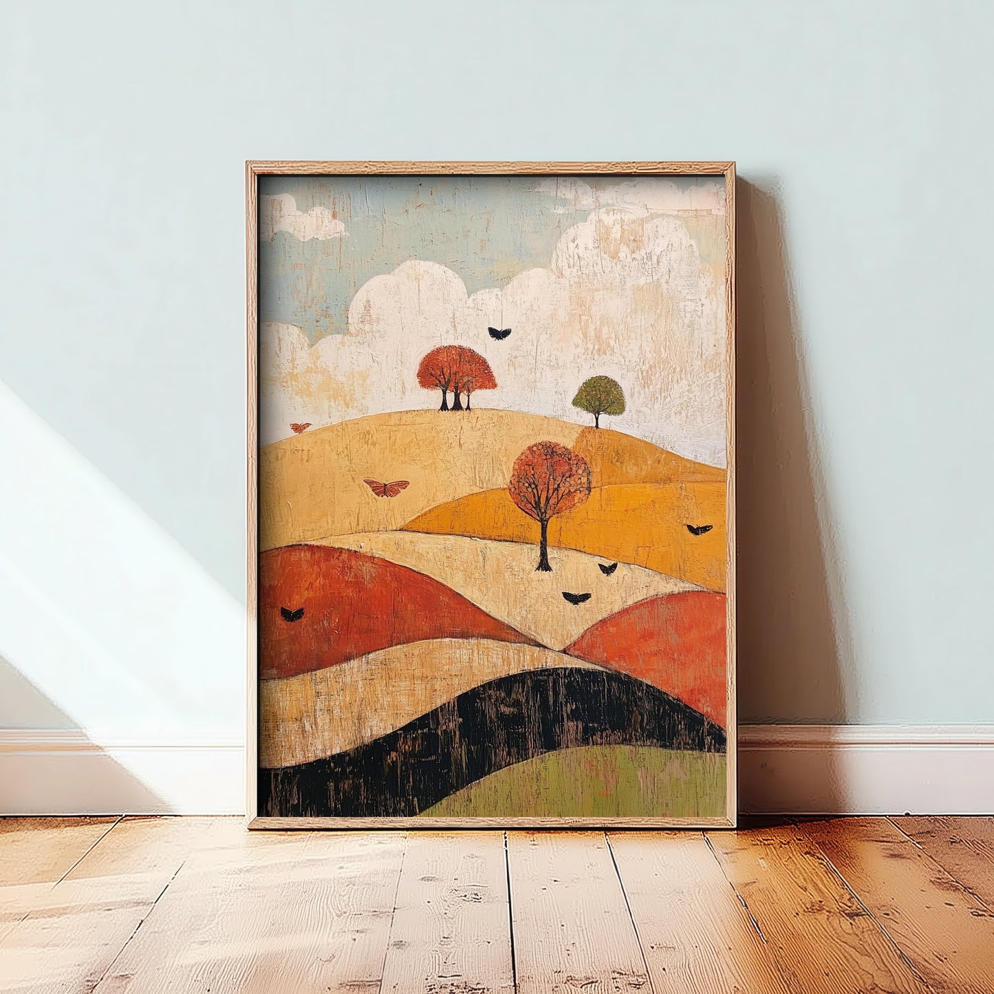 Rolling Hills Landscape Art Print - Butterfly Meadow Poster - Folk Art Painting - Honeydew Garnet and Flint 1/3