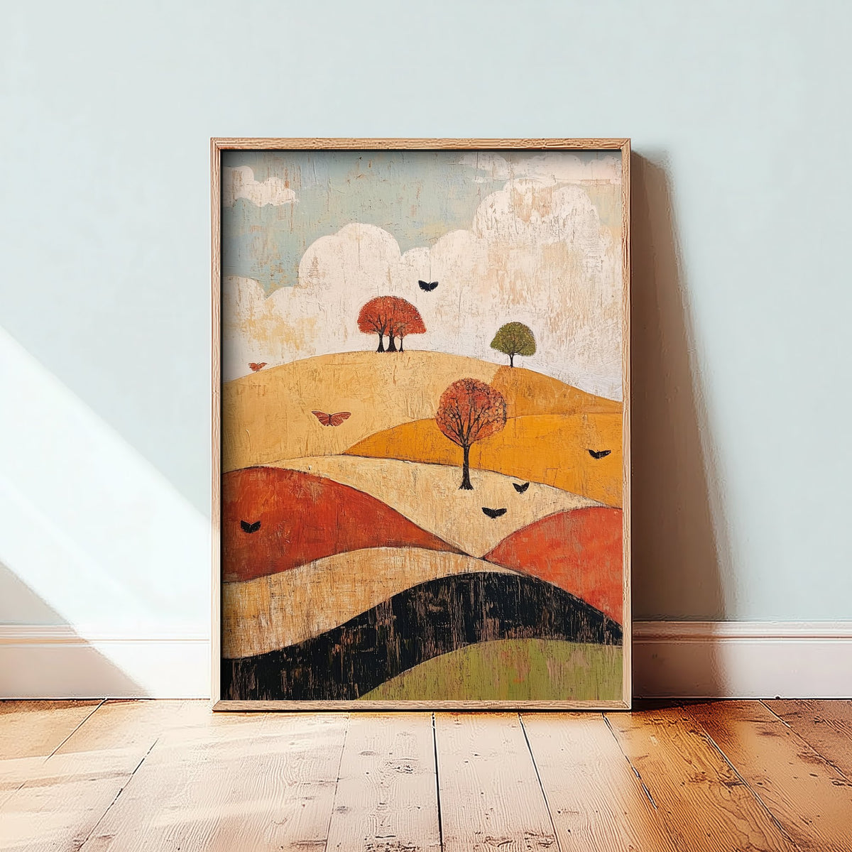 Rolling Hills Landscape Art Print - Butterfly Meadow Poster - Folk Art Painting - Honeydew Garnet and Flint 1/3