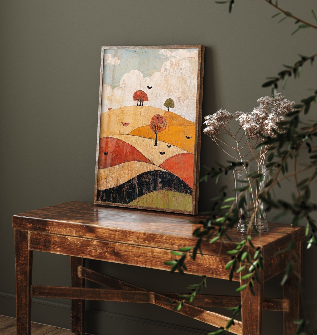 Rolling Hills Landscape Art Print - Butterfly Meadow Poster - Folk Art Painting - Honeydew Garnet and Flint 1/3