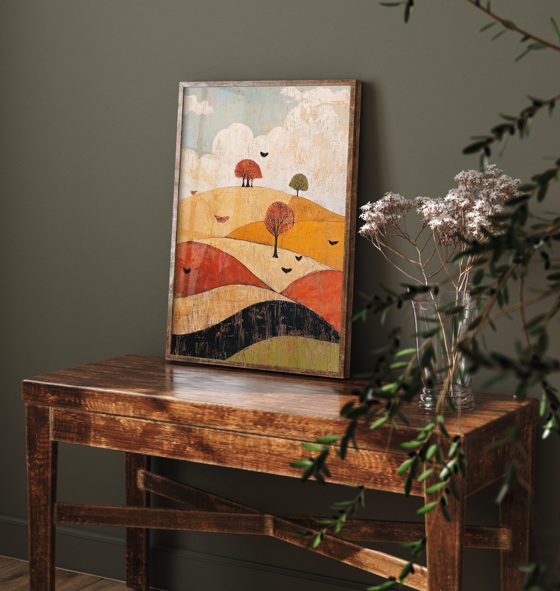 Rolling Hills Landscape Art Print - Butterfly Meadow Poster - Folk Art Painting - Honeydew Garnet and Flint 1/3