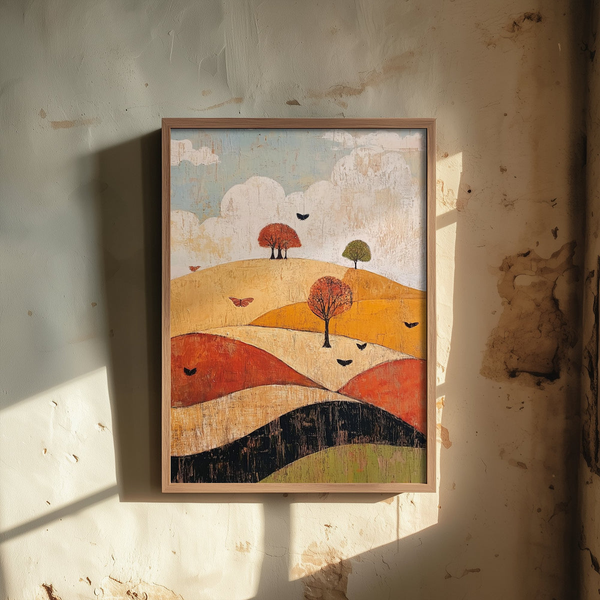 Rolling Hills Landscape Art Print - Butterfly Meadow Poster - Folk Art Painting - Honeydew Garnet and Flint 1/3