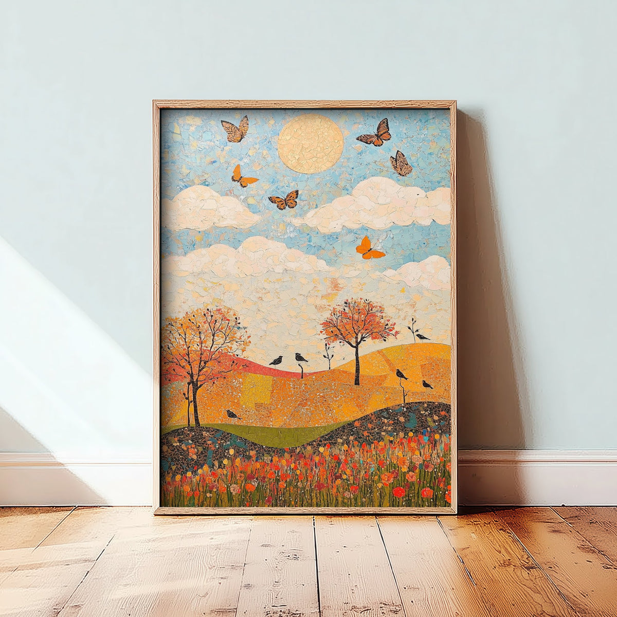Rolling Hills Landscape Art Print - Butterfly Meadow Poster - Folk Art Painting - Honeydew Garnet and Flint 2/3