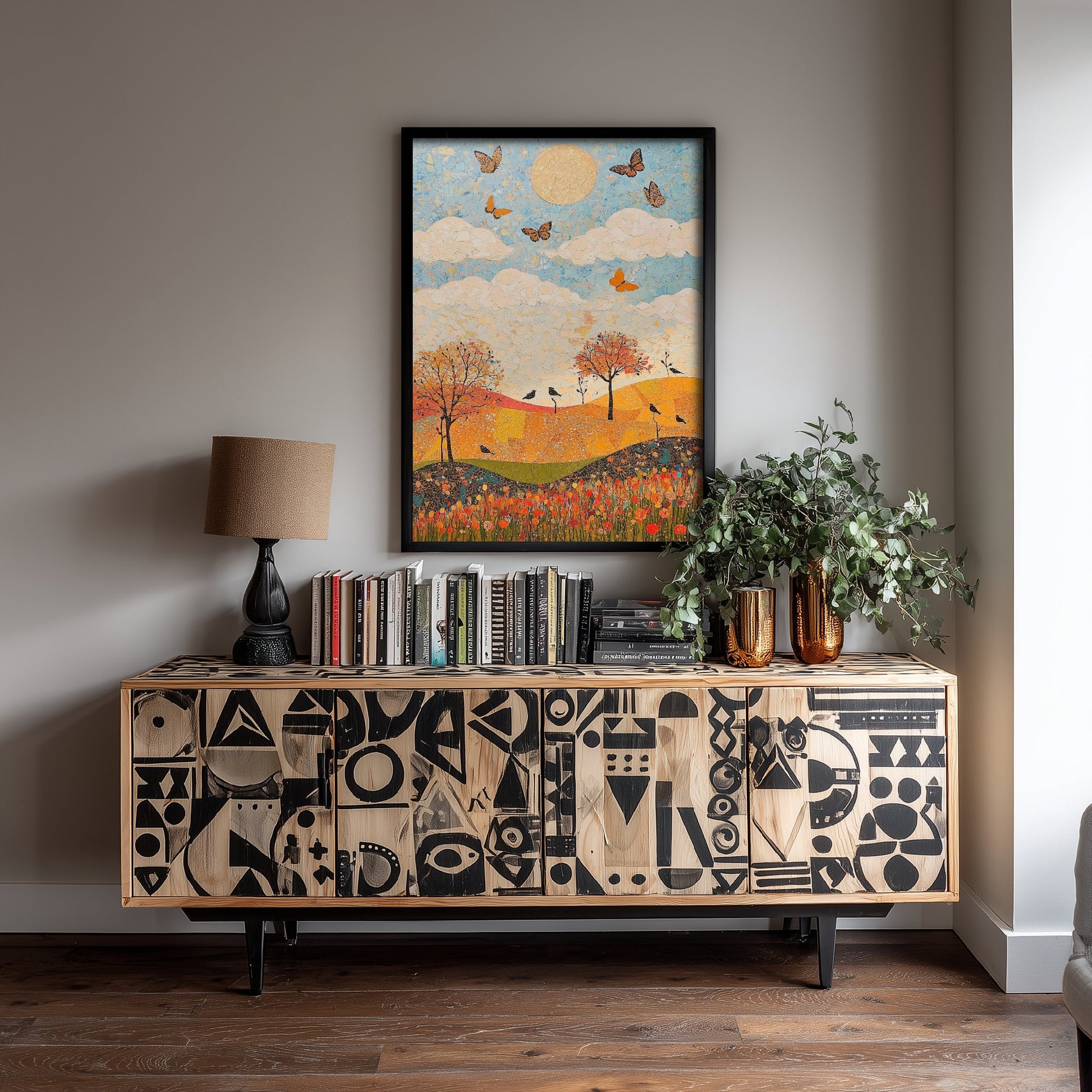 Rolling Hills Landscape Art Print - Butterfly Meadow Poster - Folk Art Painting - Honeydew Garnet and Flint 2/3
