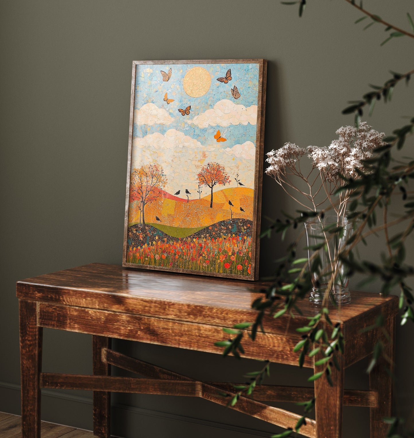 Rolling Hills Landscape Art Print - Butterfly Meadow Poster - Folk Art Painting - Honeydew Garnet and Flint 2/3